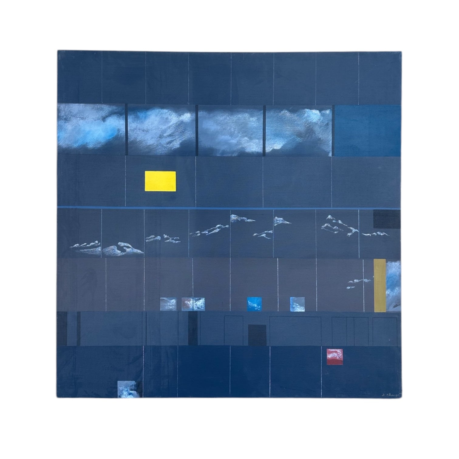 Dark Geometric Painting Featuring Inset Cloud Motifs