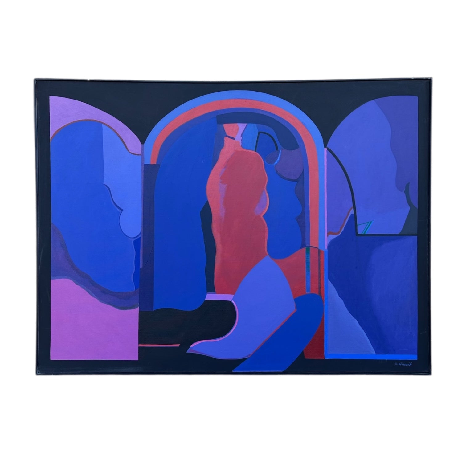 Figurative Painting with Arch Motifs in Saturated Purples and Reds