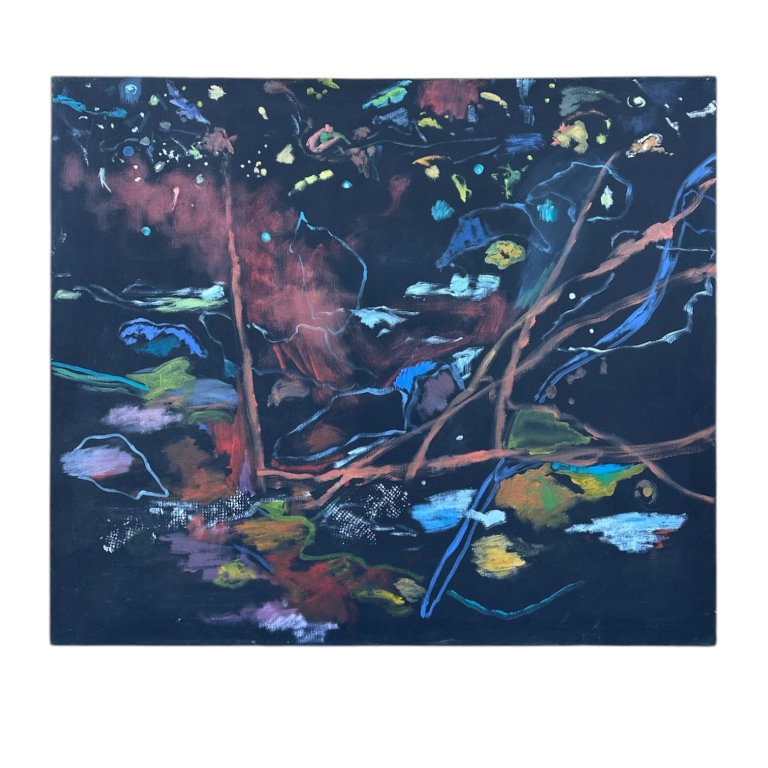 Black Gestural Painting with Colorful Mark-Making