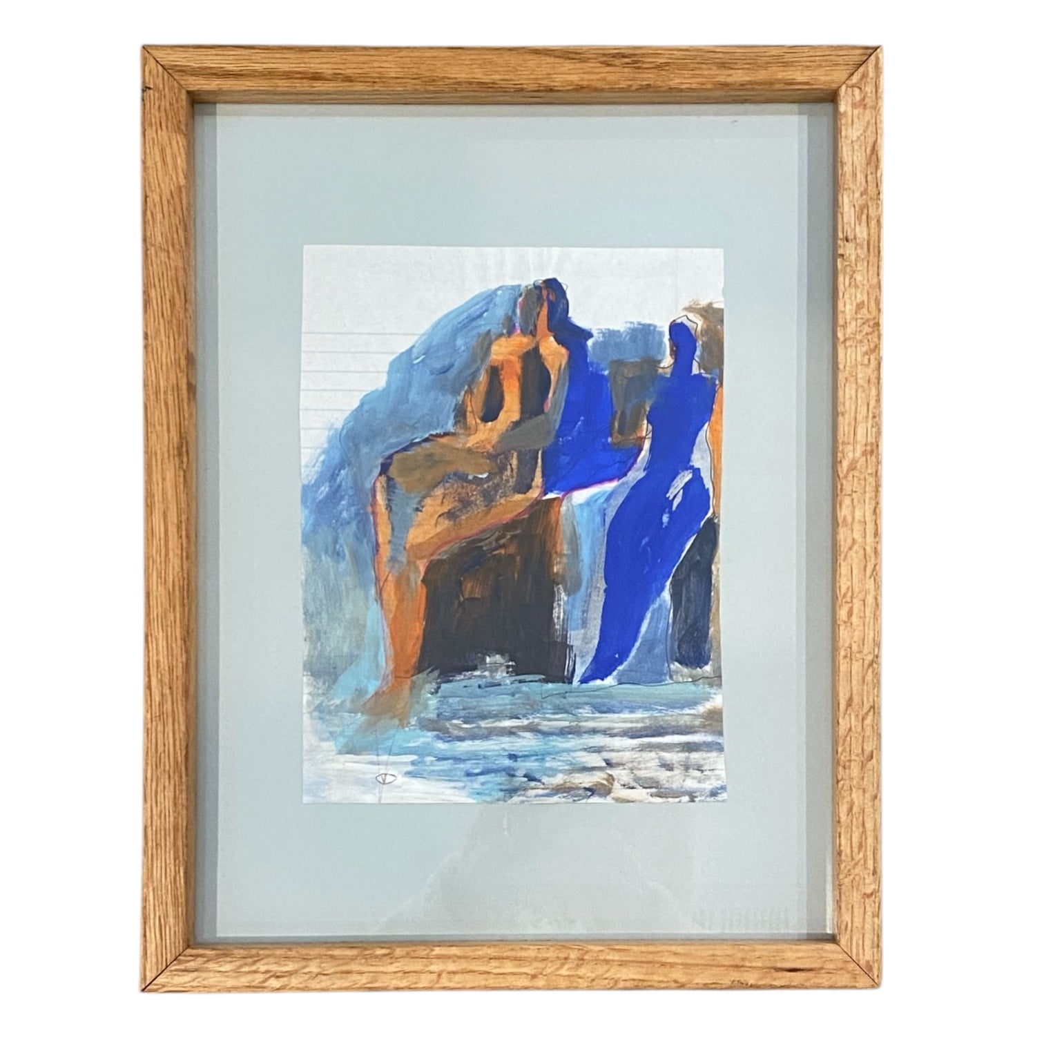 Mixed Media Figurative Painting on Paper Vintage Wood Frame