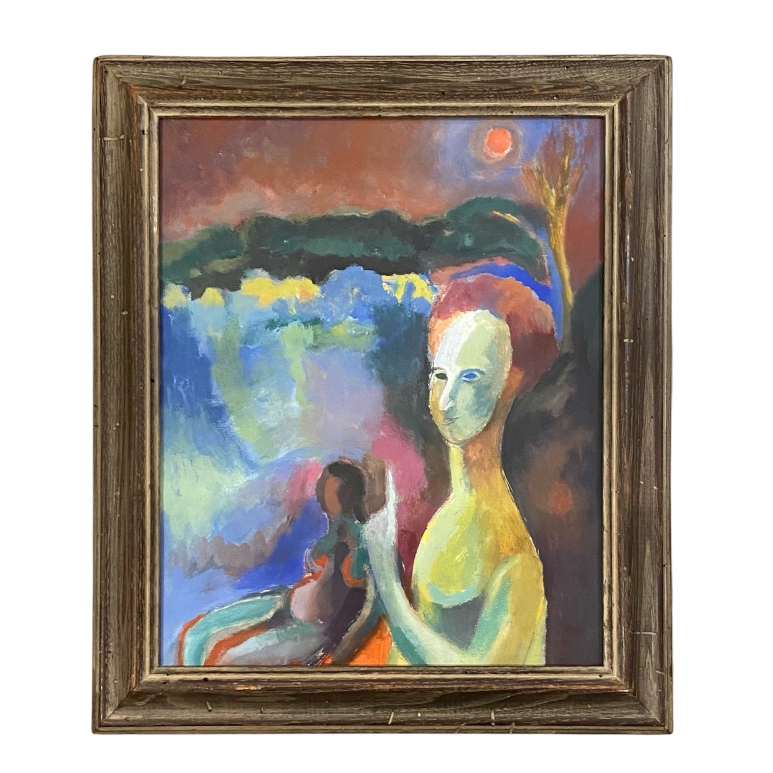 Painterly Narrative Oil on Paper in Vintage Wood Frame