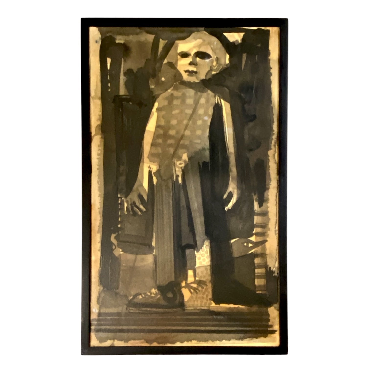 Vintage Ink Wash of Figure in Original Frame