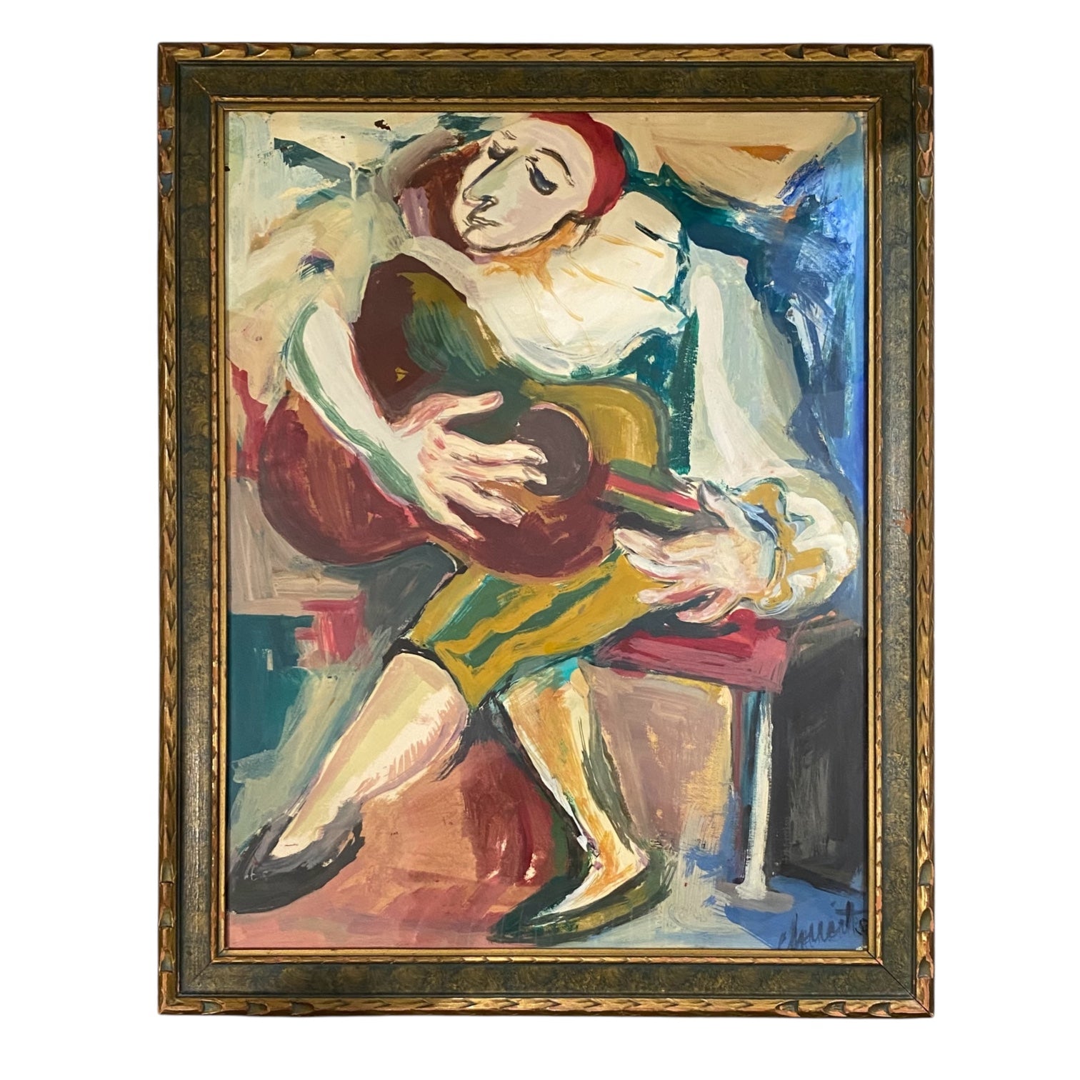 Abstract Gestural Oil Painting of Commedia Dell'Arte Harlequin in Vintage Frame