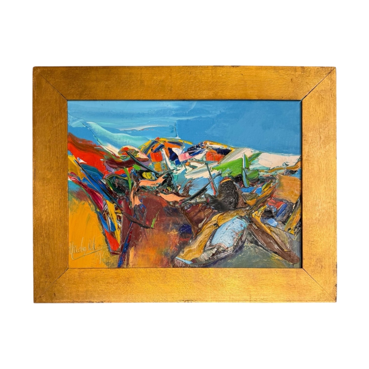 1978 Oil Landscape with Heavy Impasto in Bold Coloration in Antique Gilt Frame