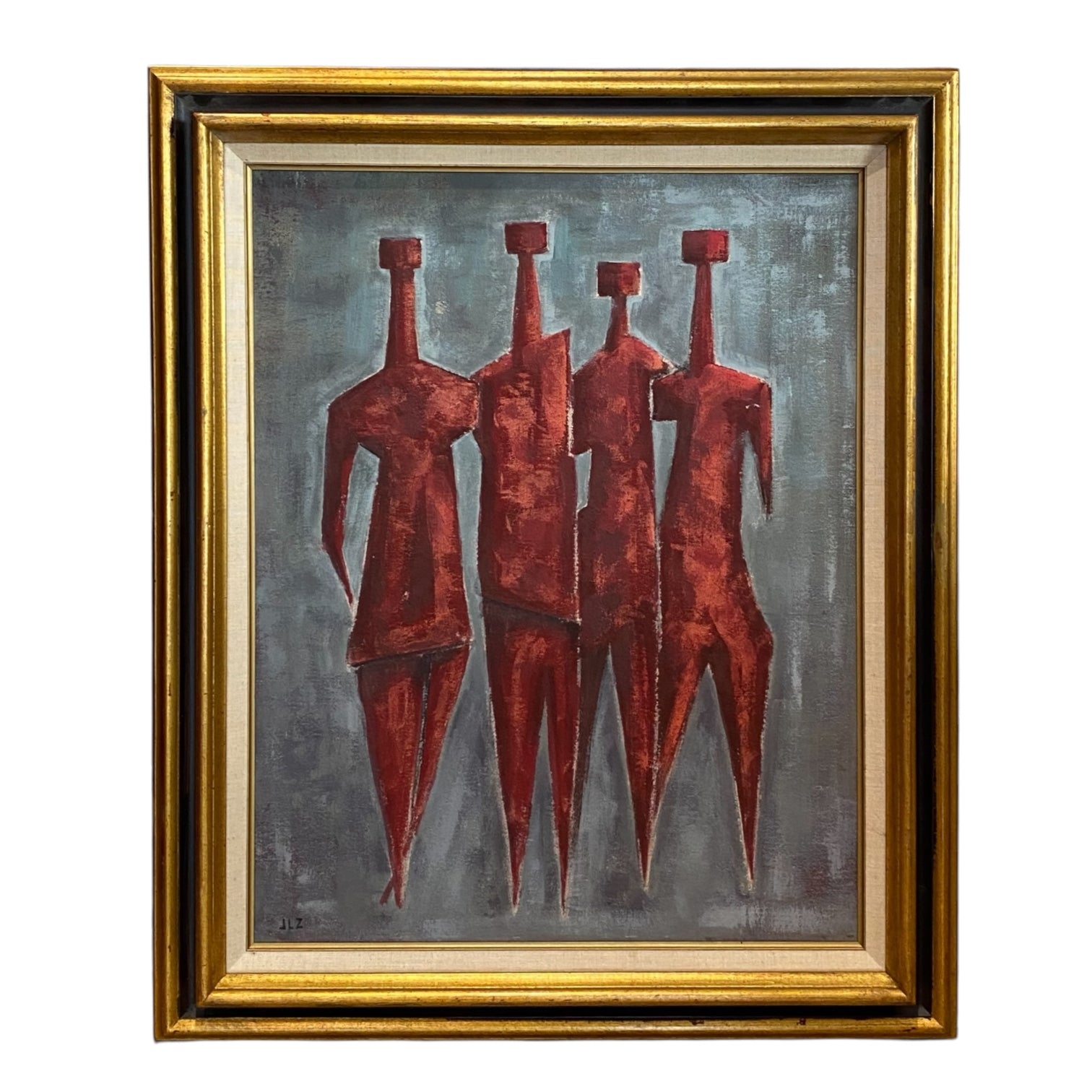 Figurative Oil Painting in Reds and Gray in Vintage Frame