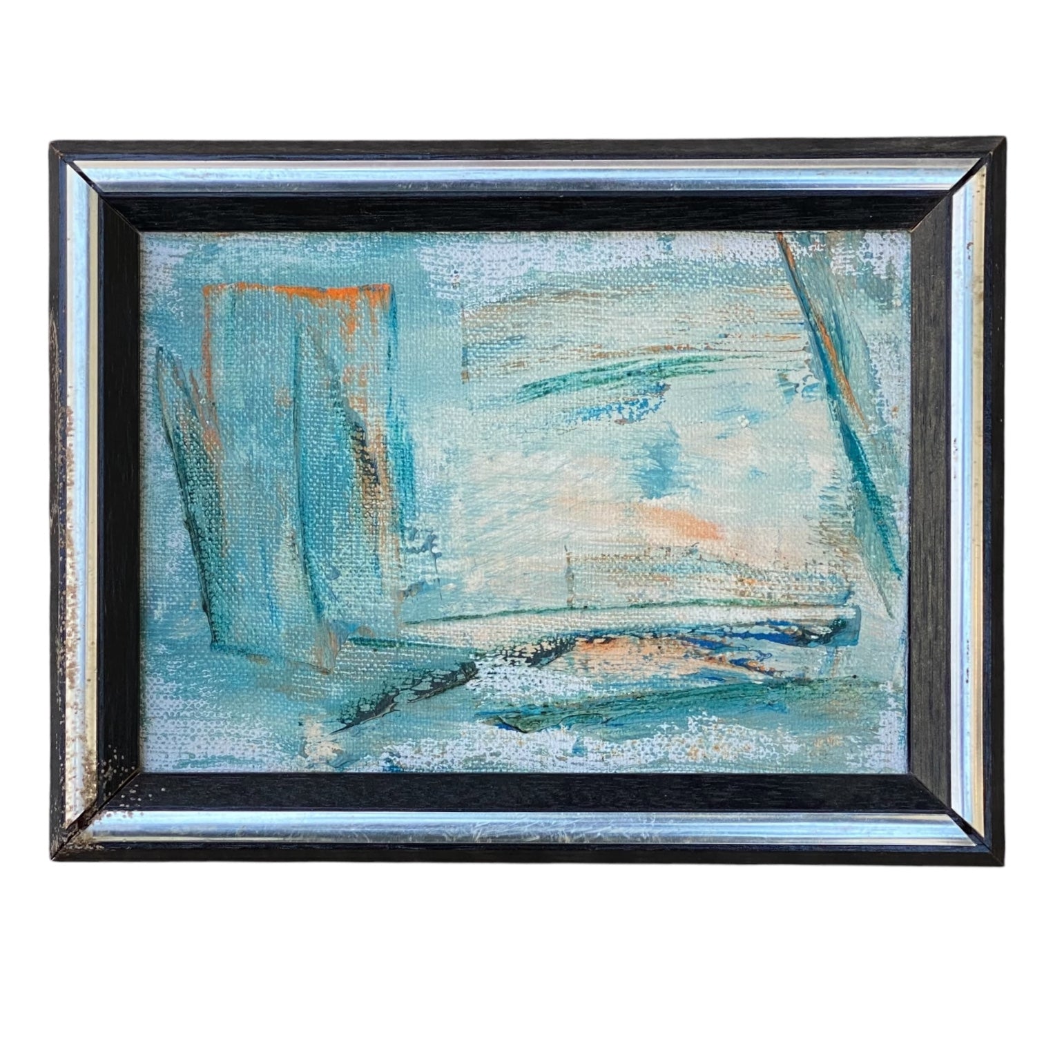 Ethereal Abstract Oil Painting in Aqua and Celedon in Original Frame