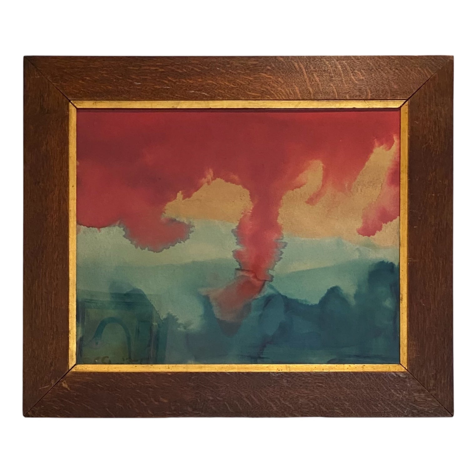 1971 Soak Painting in Oil on Paper in Antique Wood and Gilt Frame