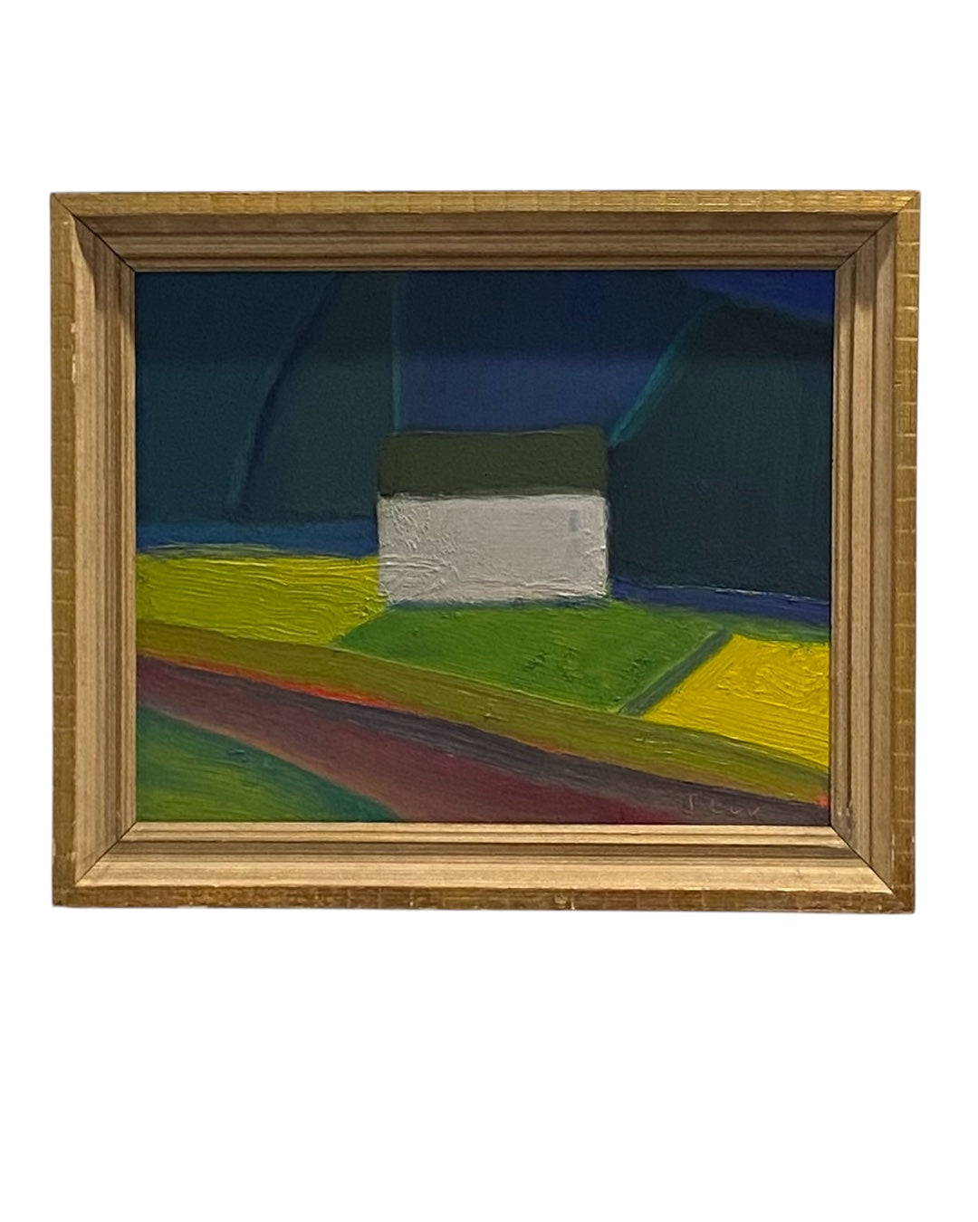 Richly Colorful Minimalist Landscape Oil Painting in Vintage Carved Wood Frame