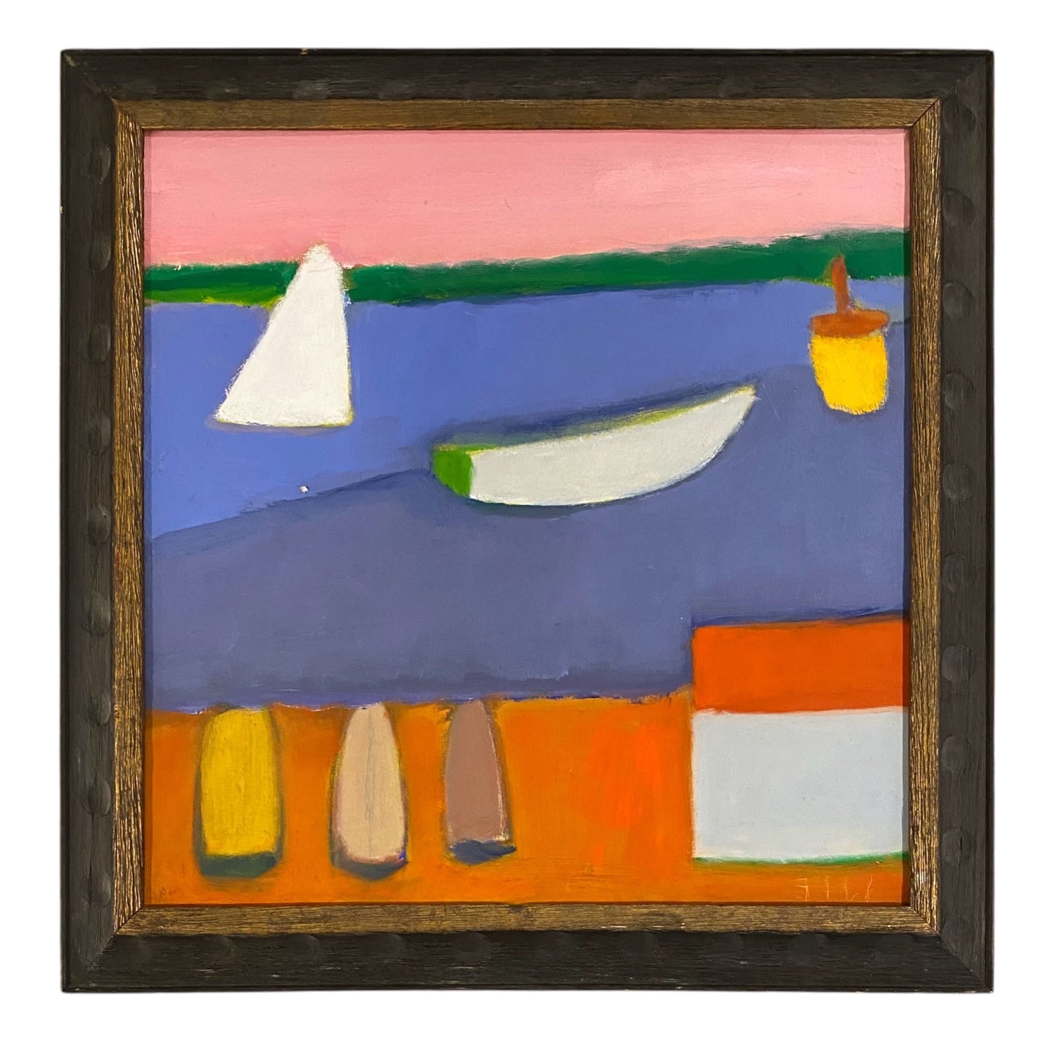 Colorful Landscape Featuring Shore and Boats in Hand-Carved Vintage Frame