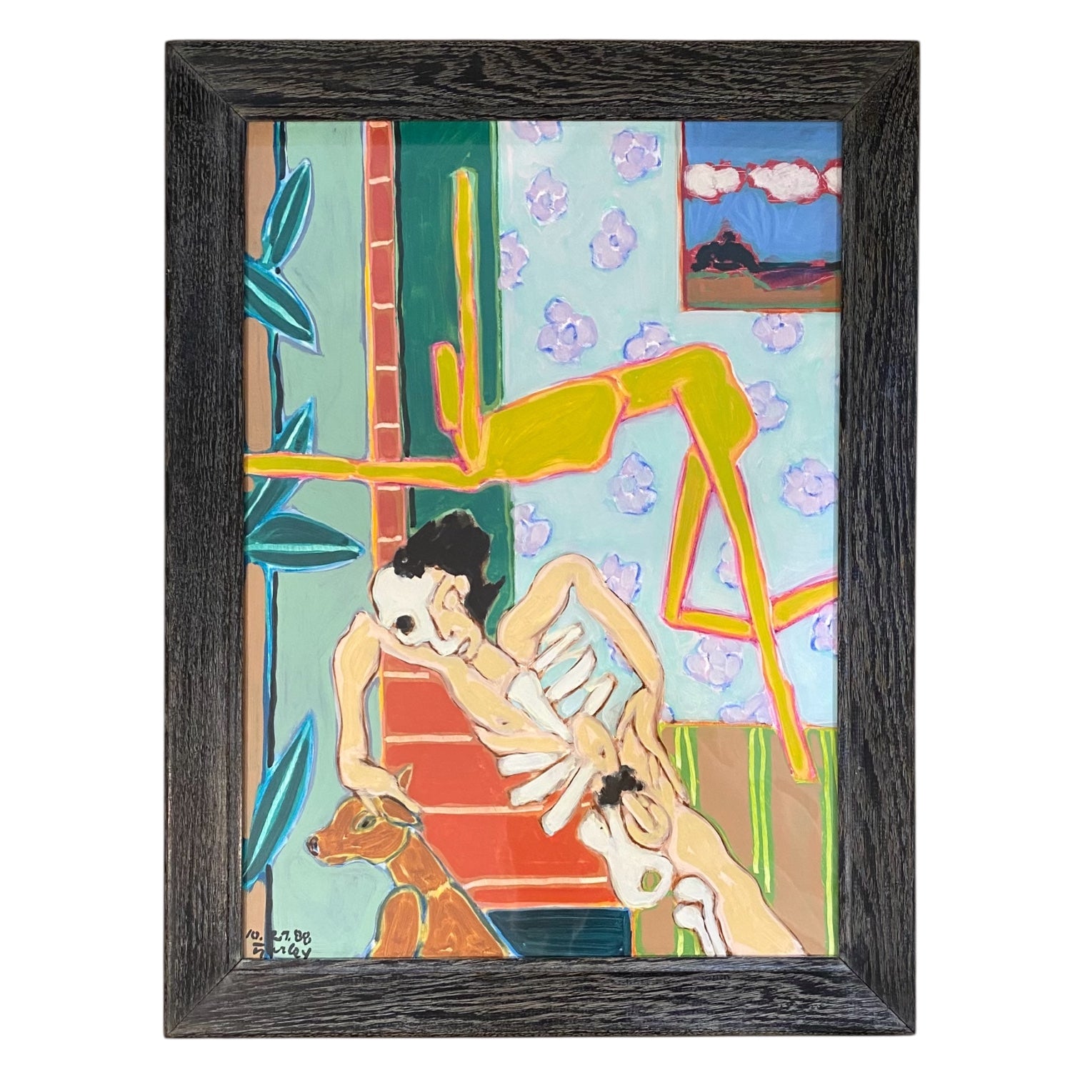 1988 Oil Painting of Figures with Dog in Interior in Vintage Cerused Frame
