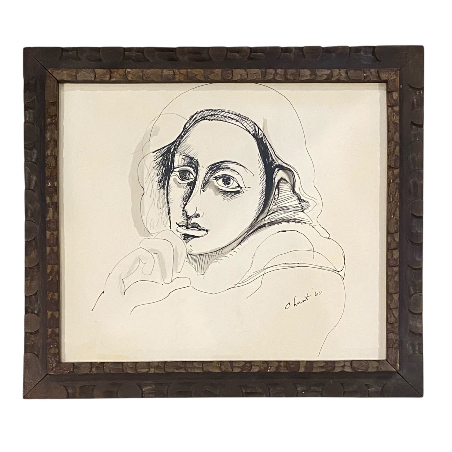 1960 Portrait in Ink Presented in Antique Carved Wood Frame