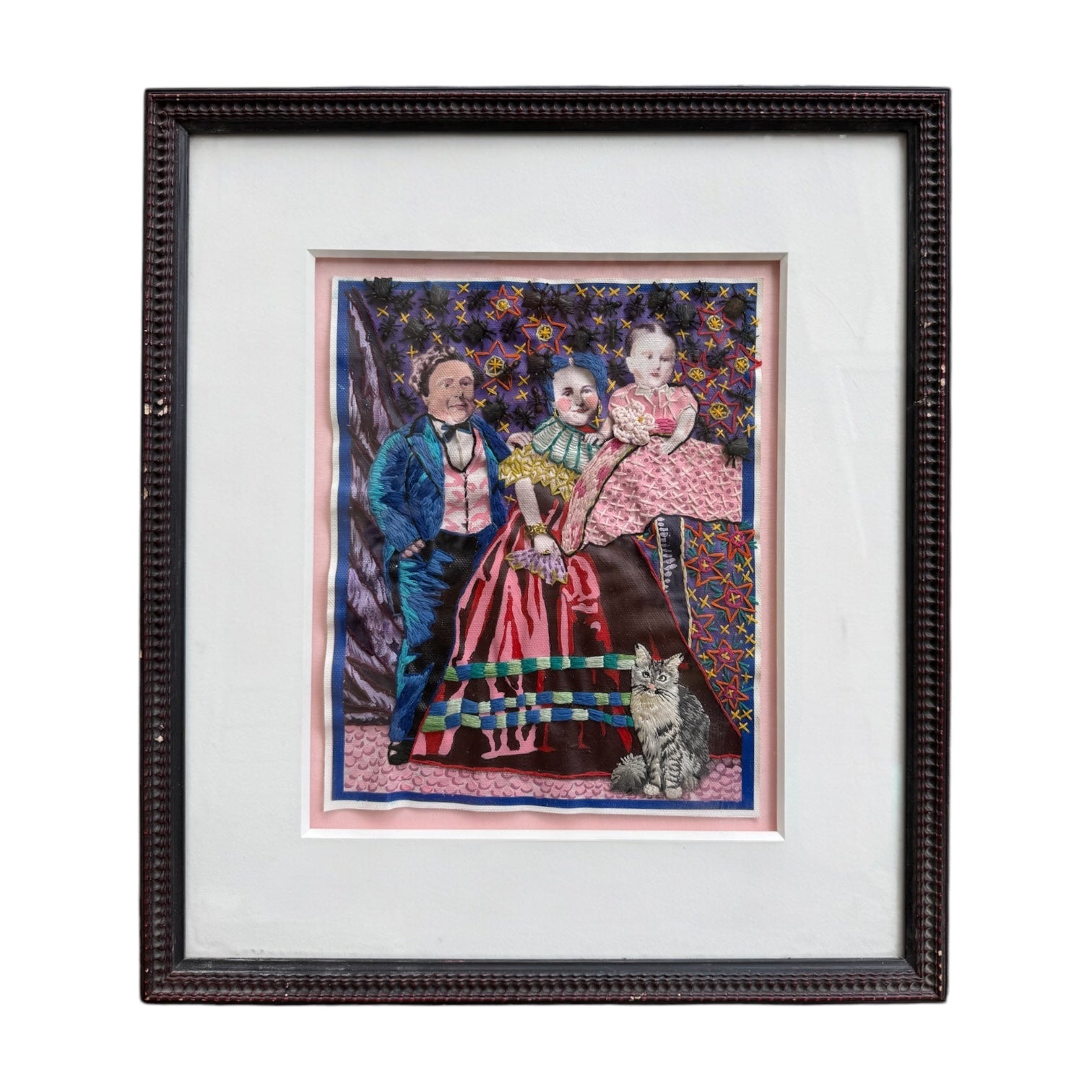 Mixed Media Painting Family with Cat and Flies