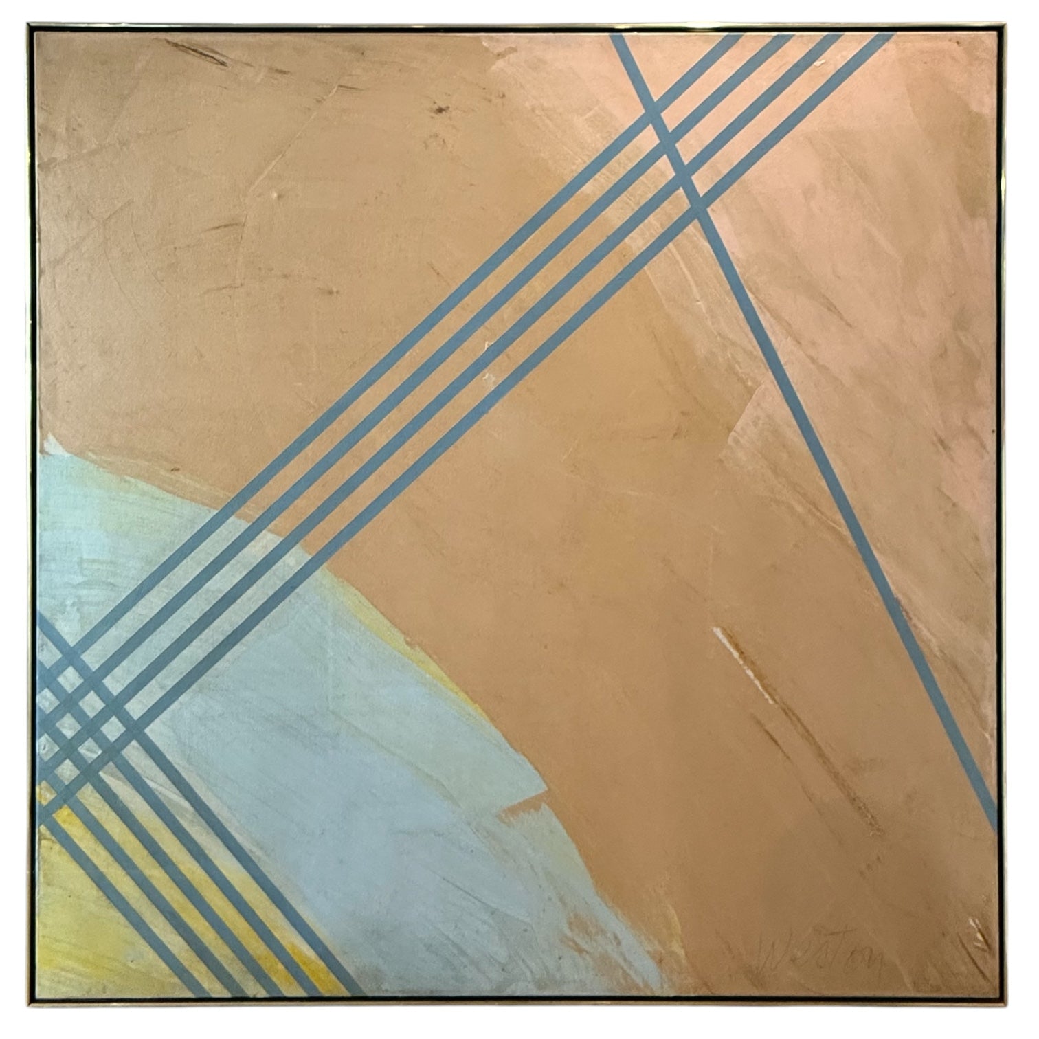 *Monumental Abstract in Neutrals Blue and Yellow in Original Frame