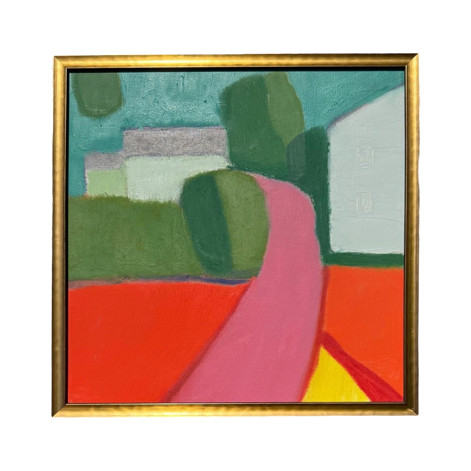 Boldly Colorful Landscape with Houses in Gold-Toned Custom Frame