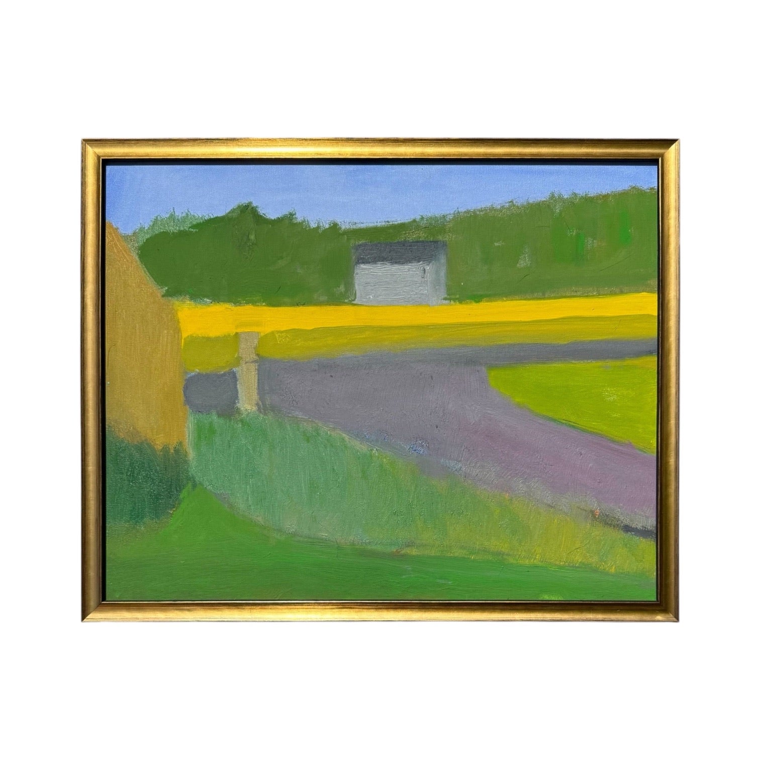Minimalist Pastoral Oil Landscape in Gold-Toned Custom Frame