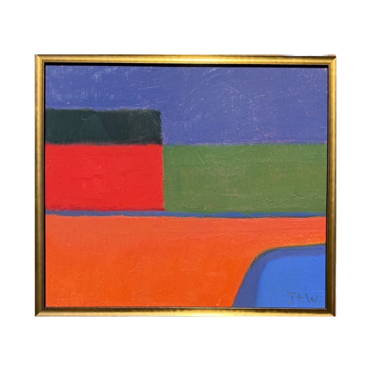 Modernist Richly Colorful Landscape in Custom Gold-Toned Frame