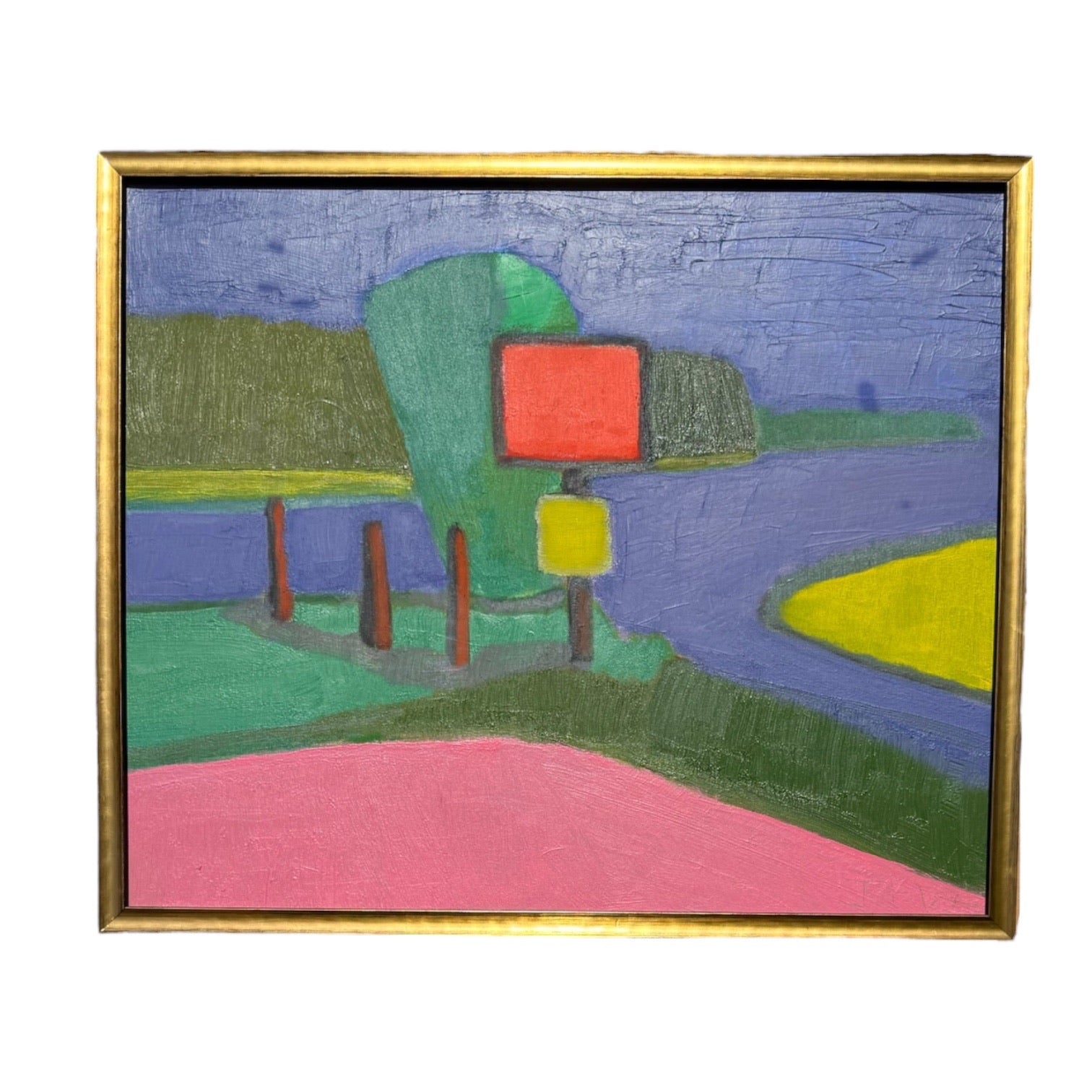Modernist Highly Colorful Oil Landscape in Custom Gold-Toned Frame