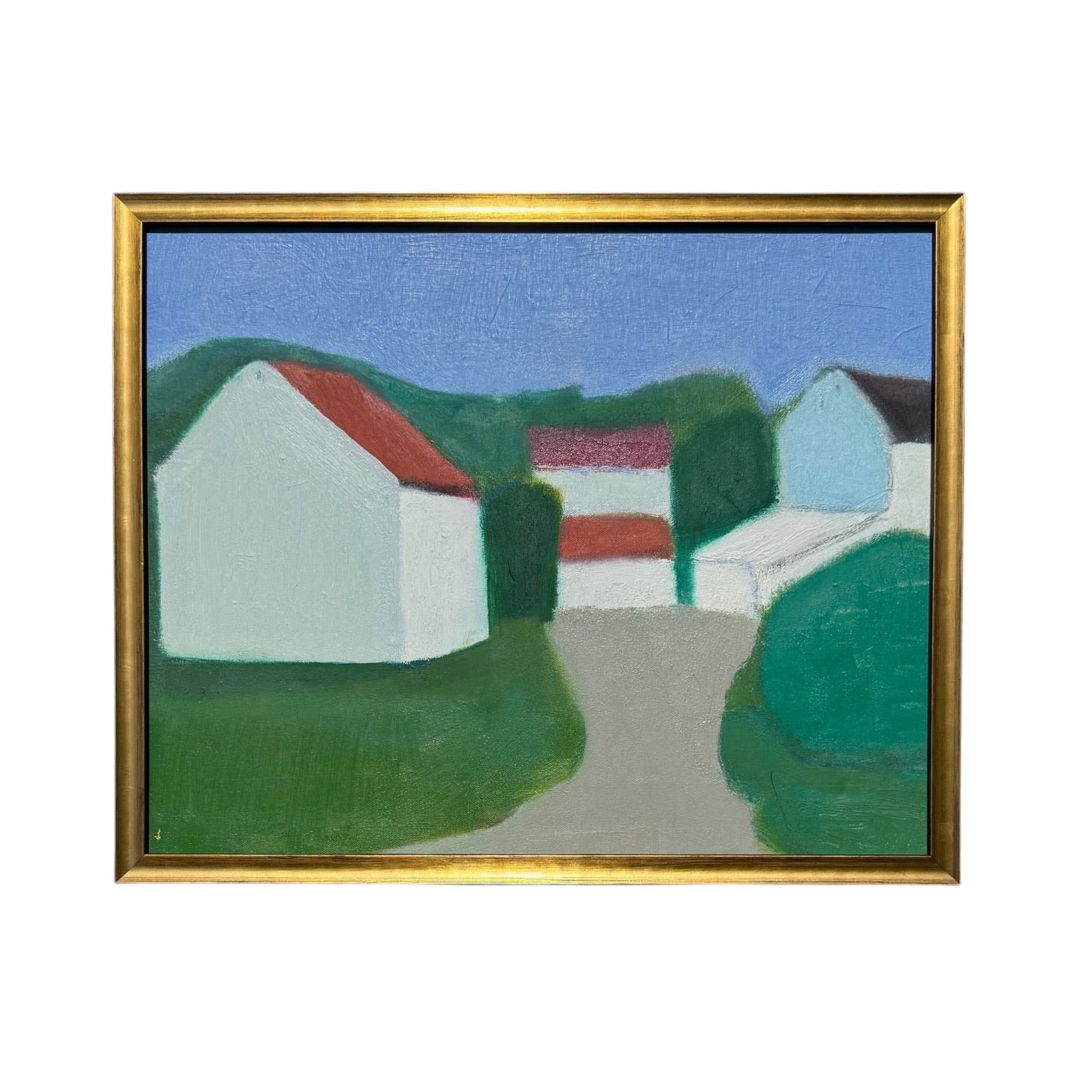 Modernist Colorful Landscapes with Houses in Custom Gold-Toned Frame