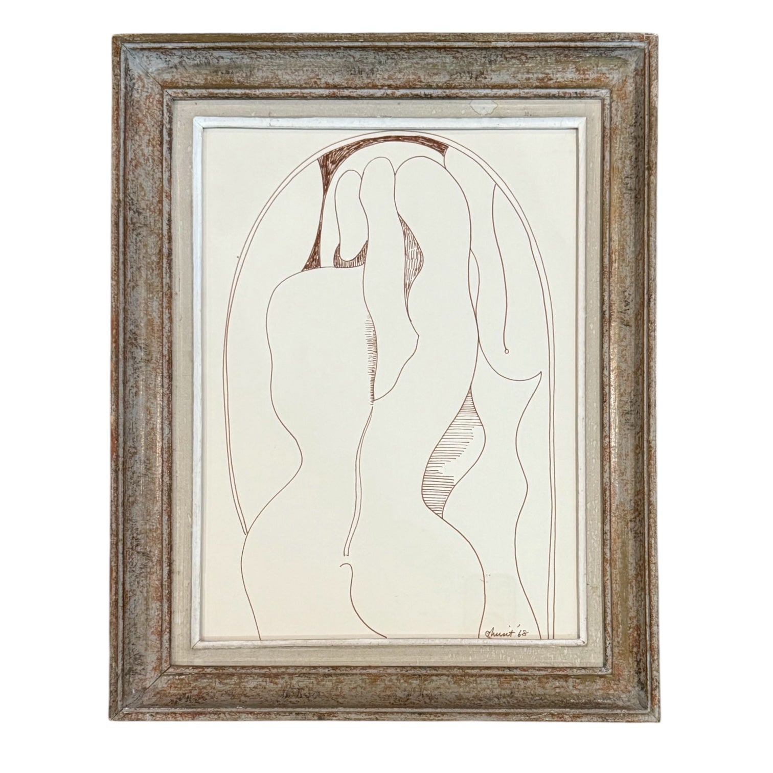 Figurative Line Drawing in Sepia Ink Presented in an Antique Frame