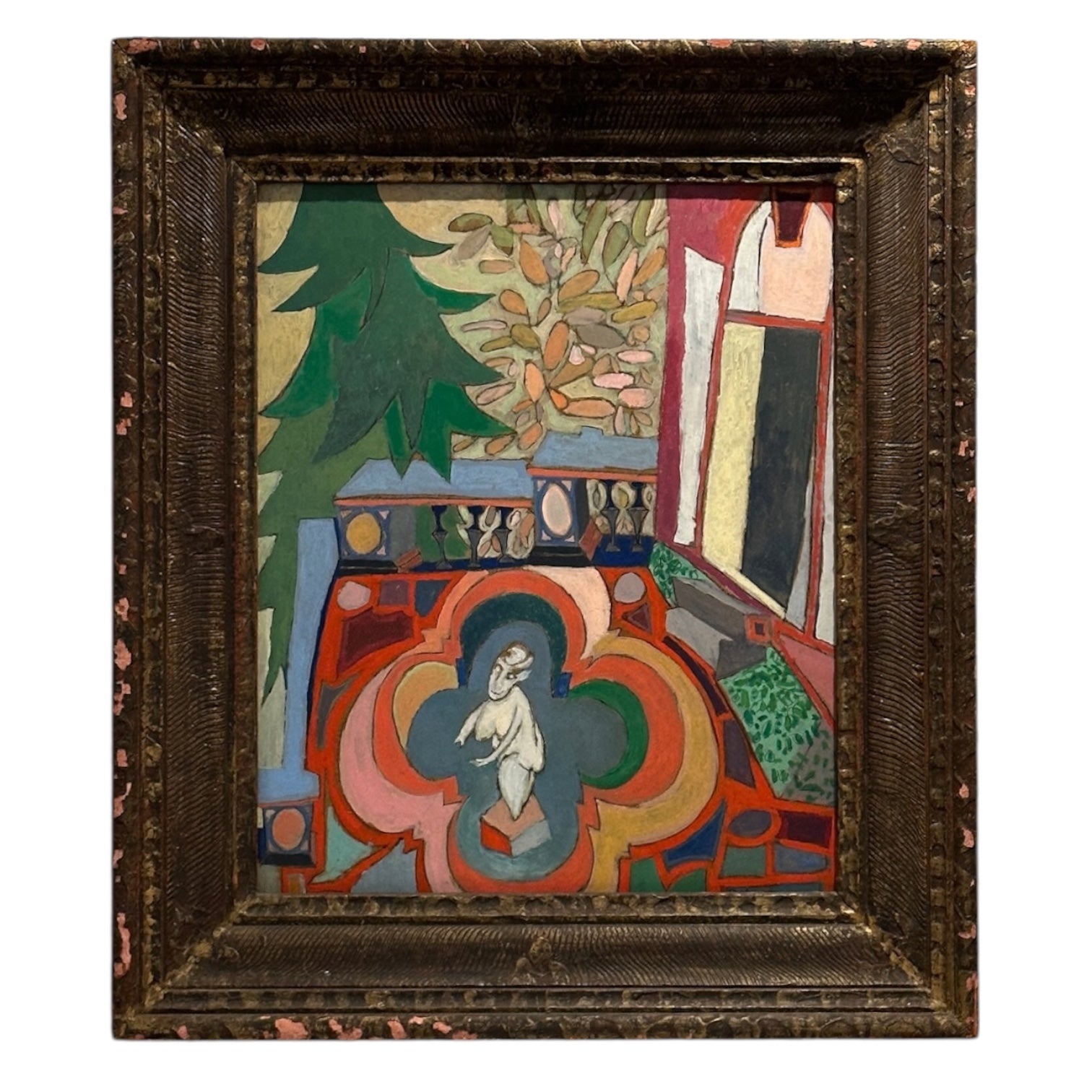 1963 Vintage Oil Painting of Italian Courtyard with Fountain Doorway and Garden