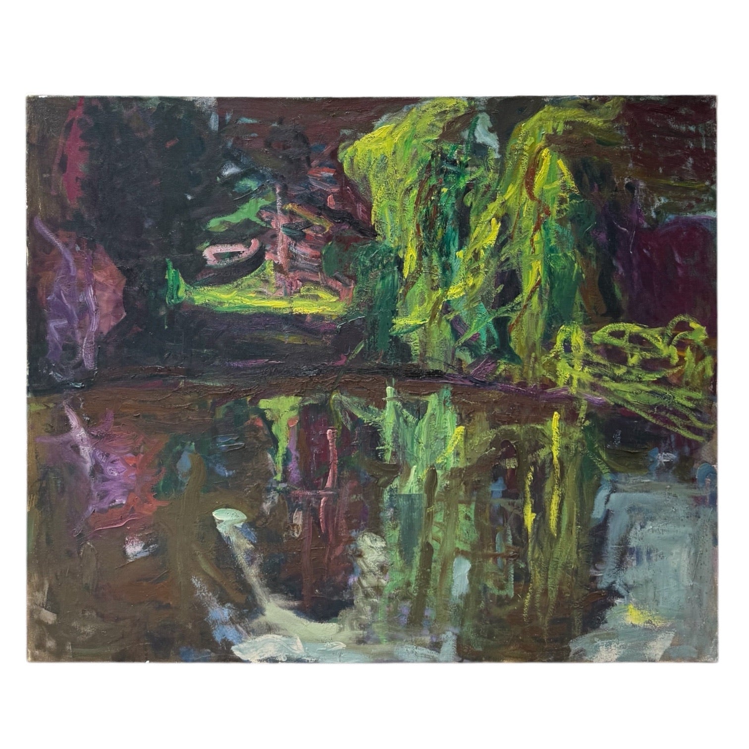 Moody Oil on Canvas Landscape with Reflection