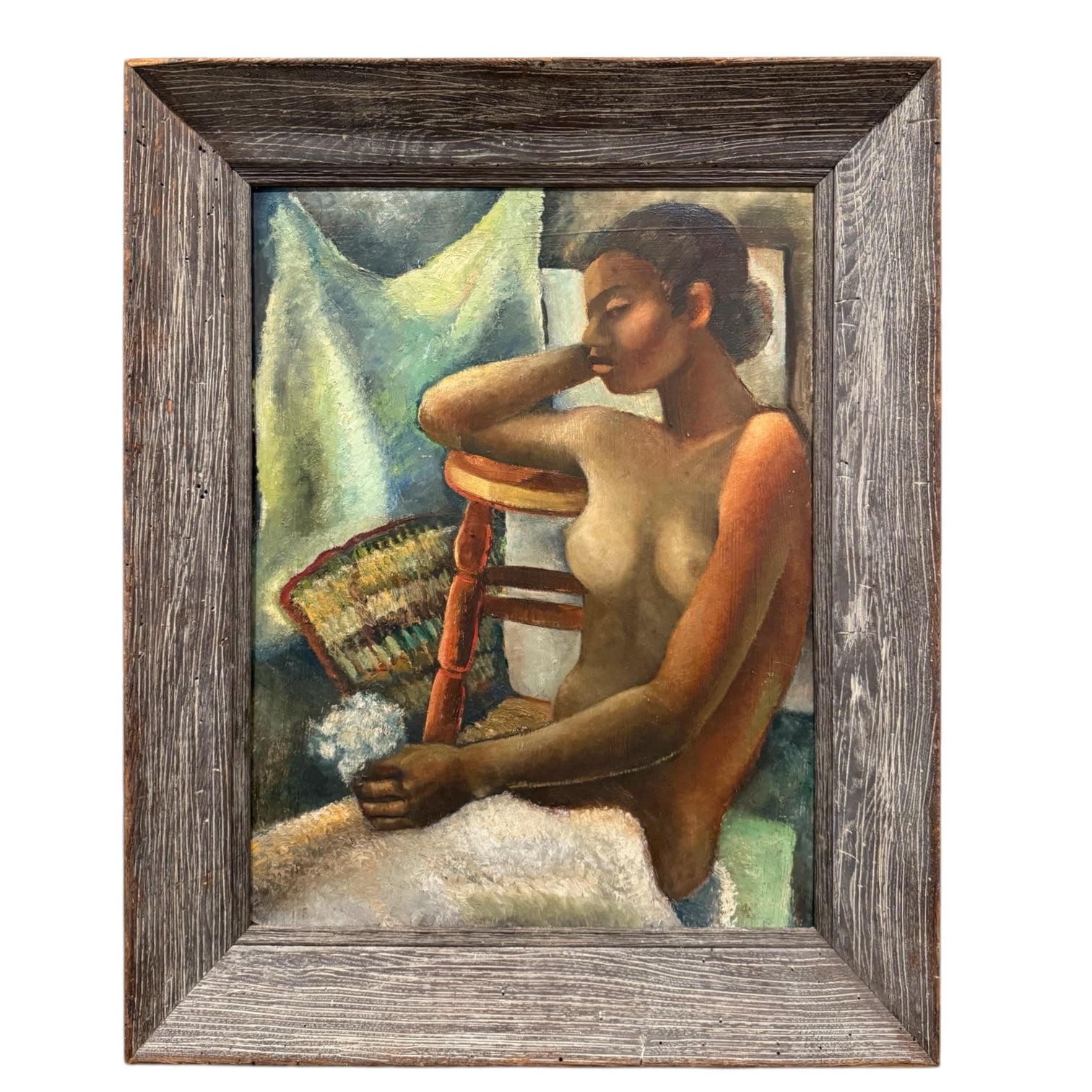 Figurative Oil Painting Woman of Color in Interior in Vintage Frame