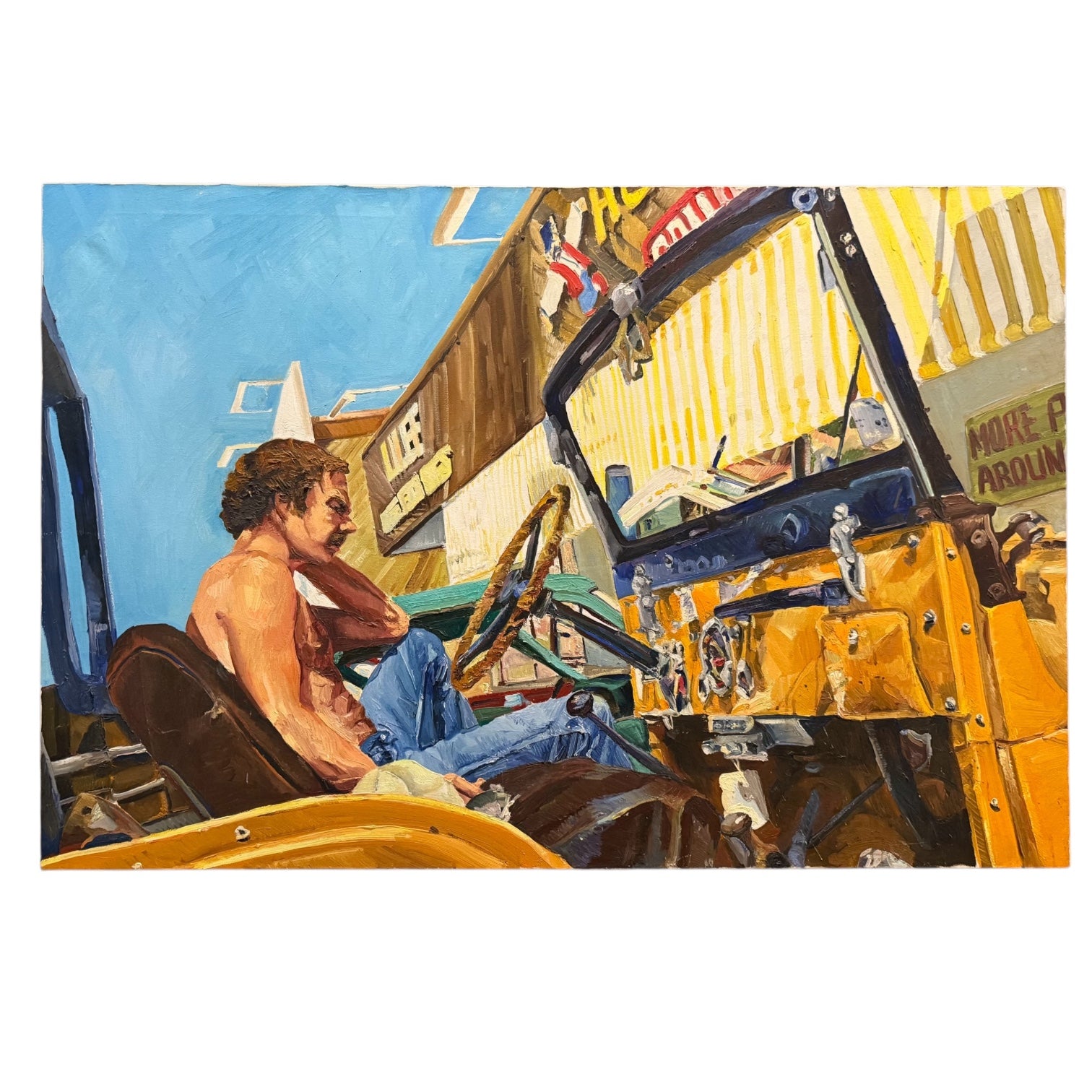Colorful Narrative Oil Painting of Man in Jeep