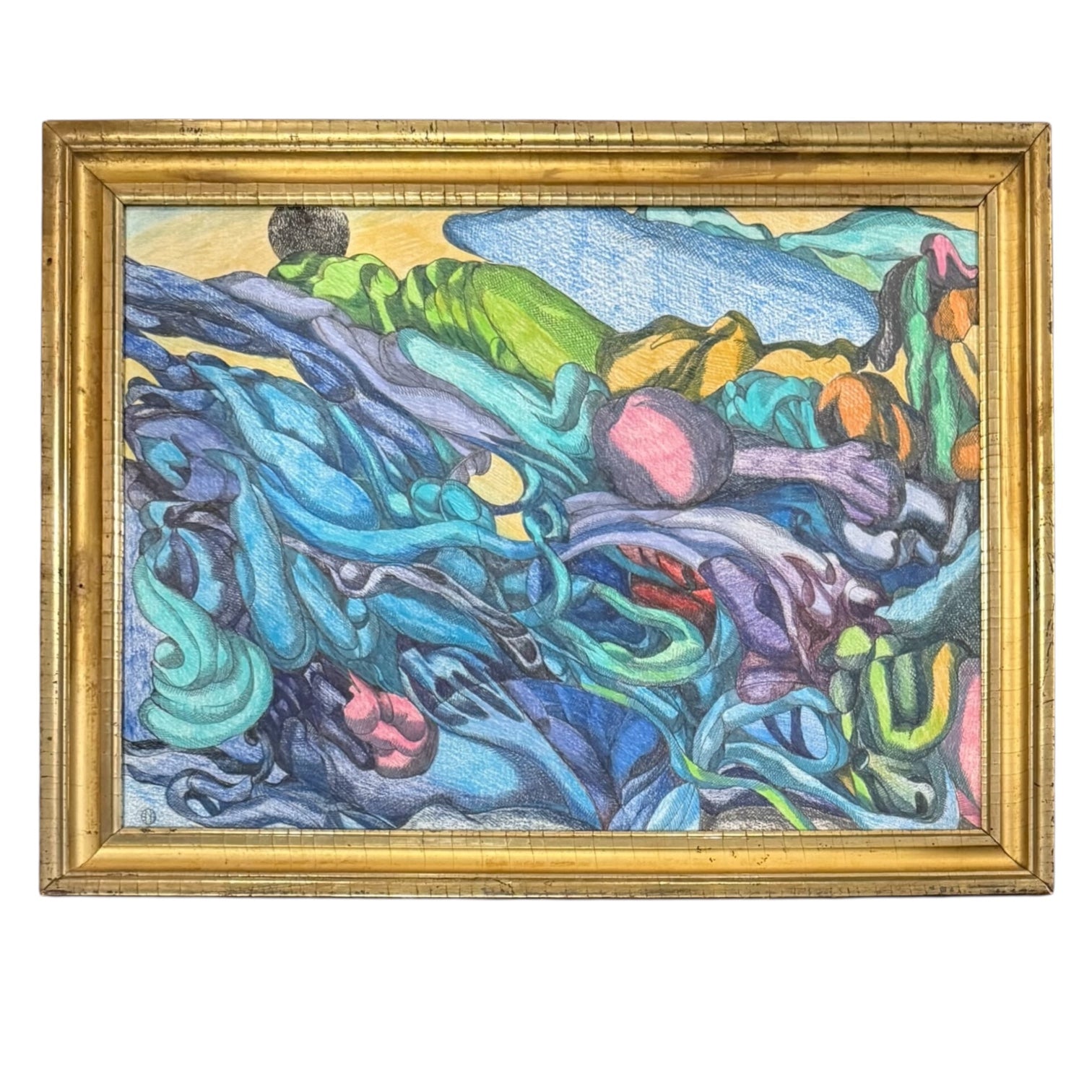 Intricate Landscape Drawing in Bold Coloration in 19th Century Gilt Frame