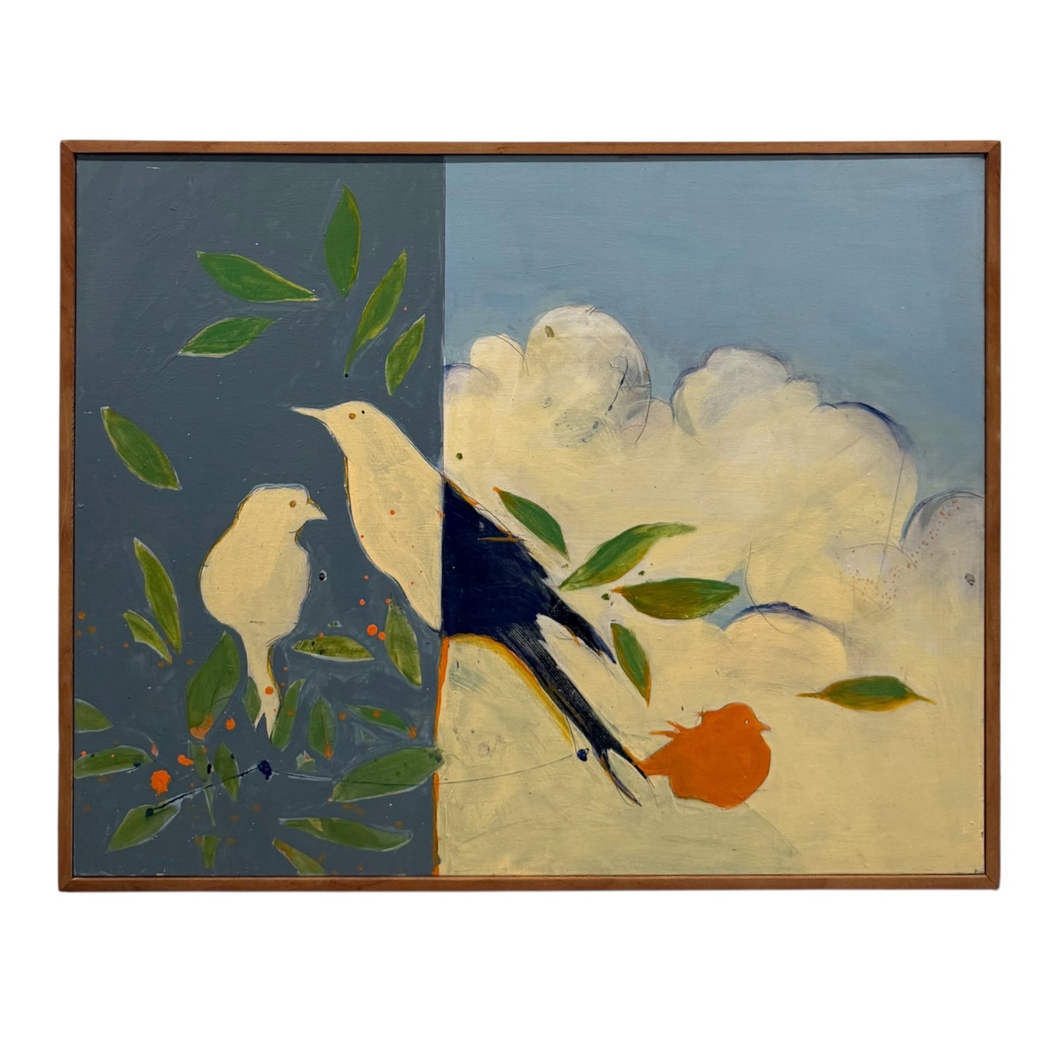 Modernist Oil Painting of Birds in Original Wood Gallery Frame