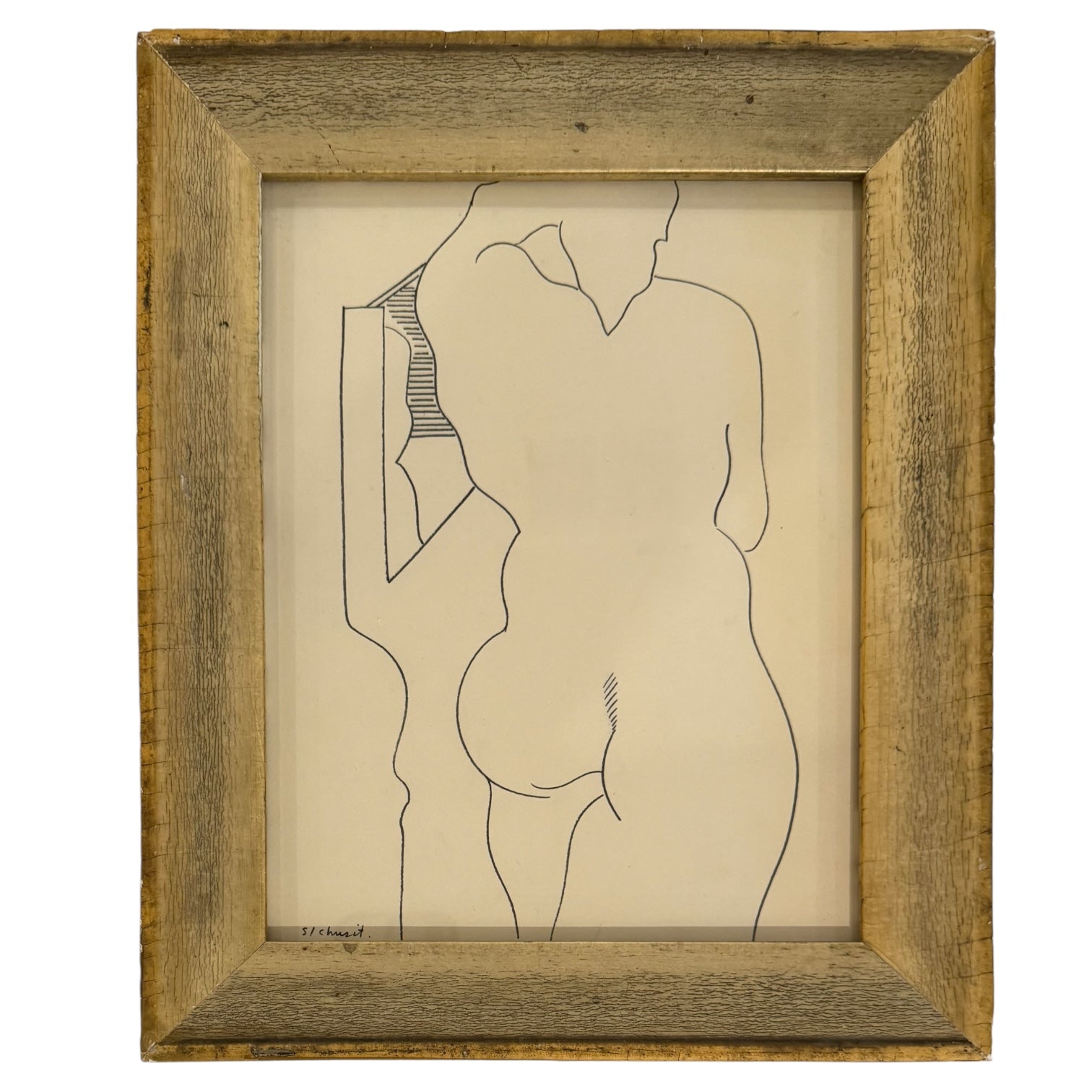 Vintage Figurative Line Drawing in Antique Gold Frame