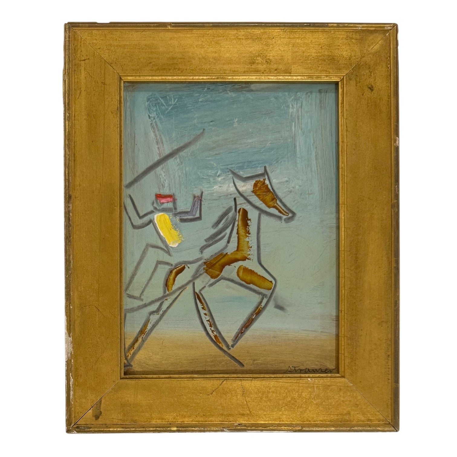 Vintage Painting on Panel of Horse and Rider with Javelin in Antique Gilt Wood Frame