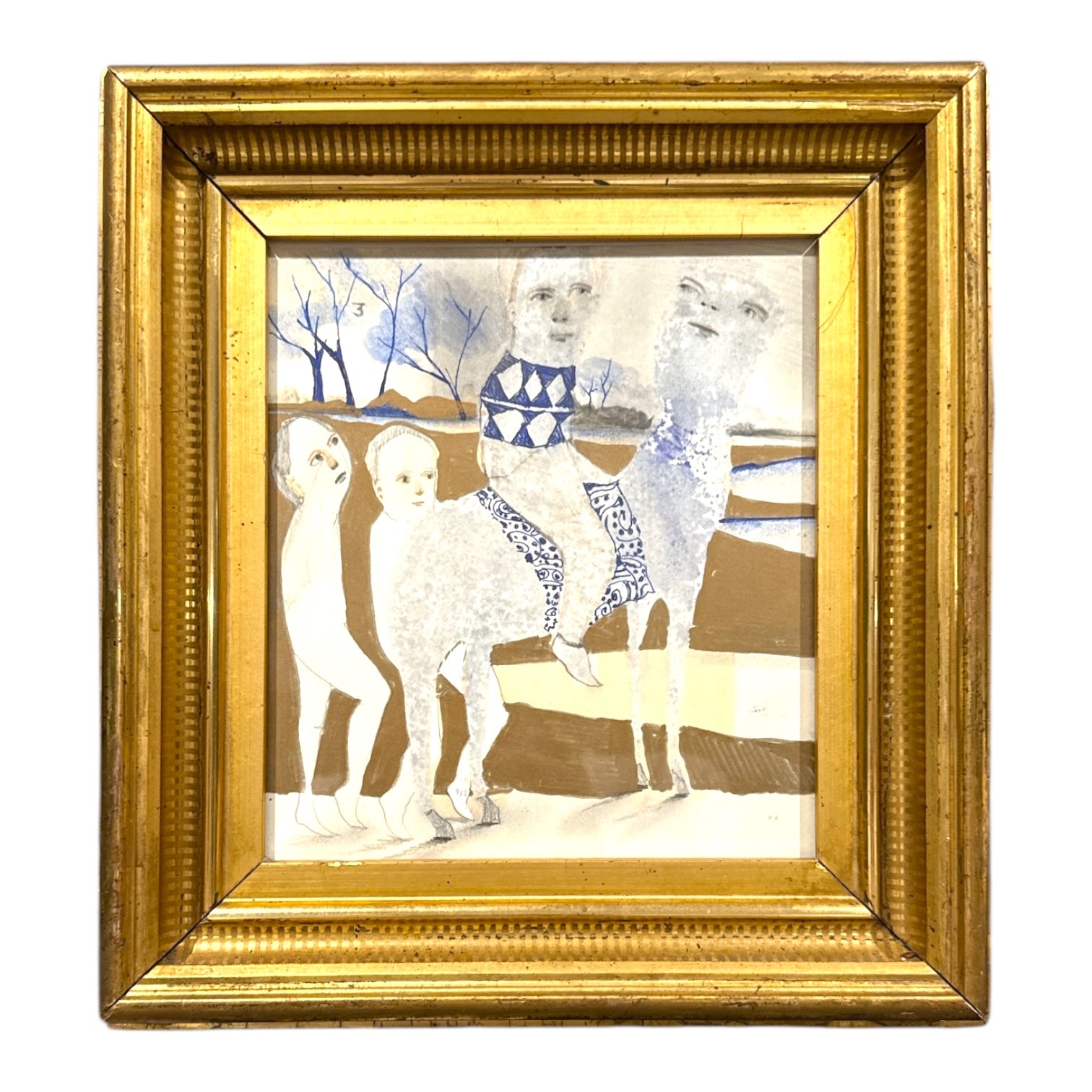 Exquisite Work on Paper in a 19th Century Stenciled Gilt Wood Frame