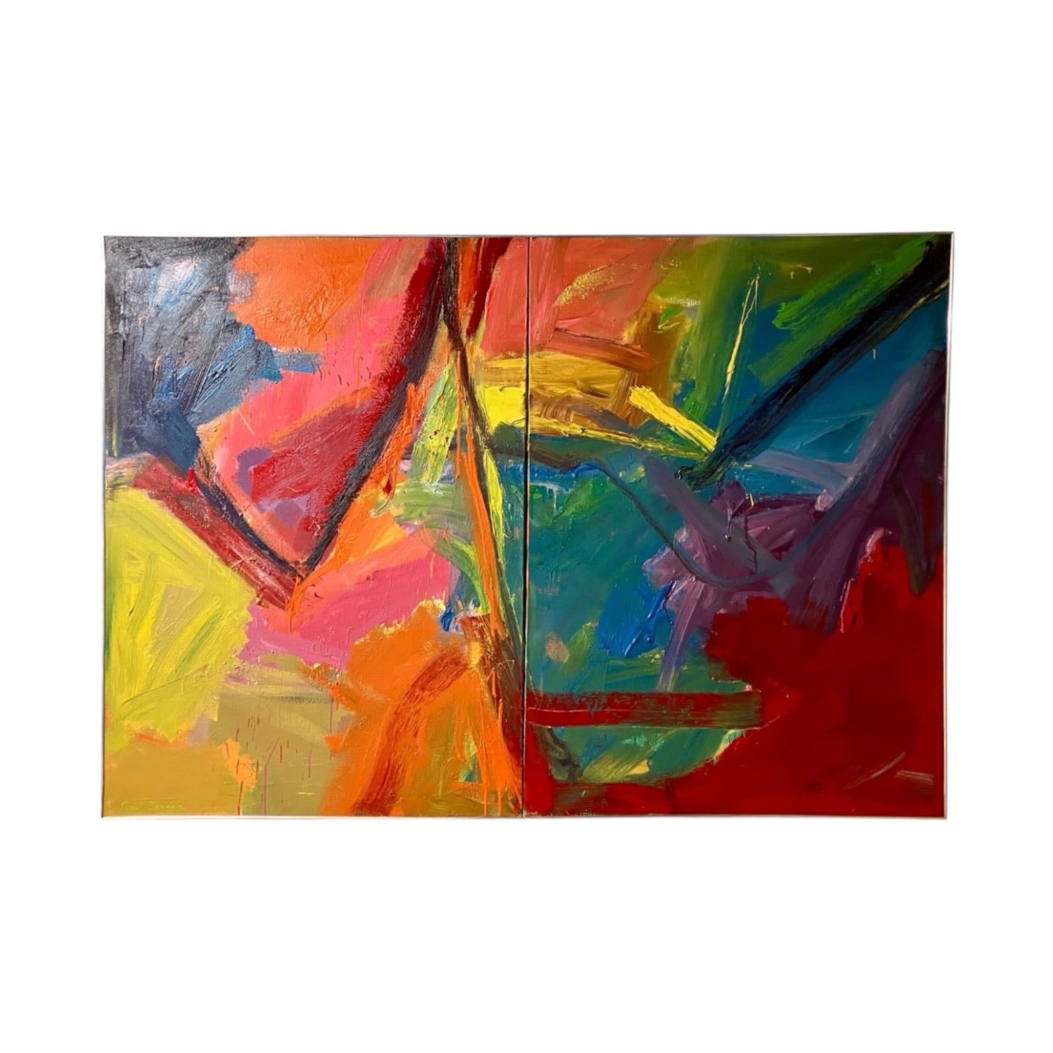 1968 Vividly Colorful Diptych Oil Painting in Original Vintage Chrome Frame