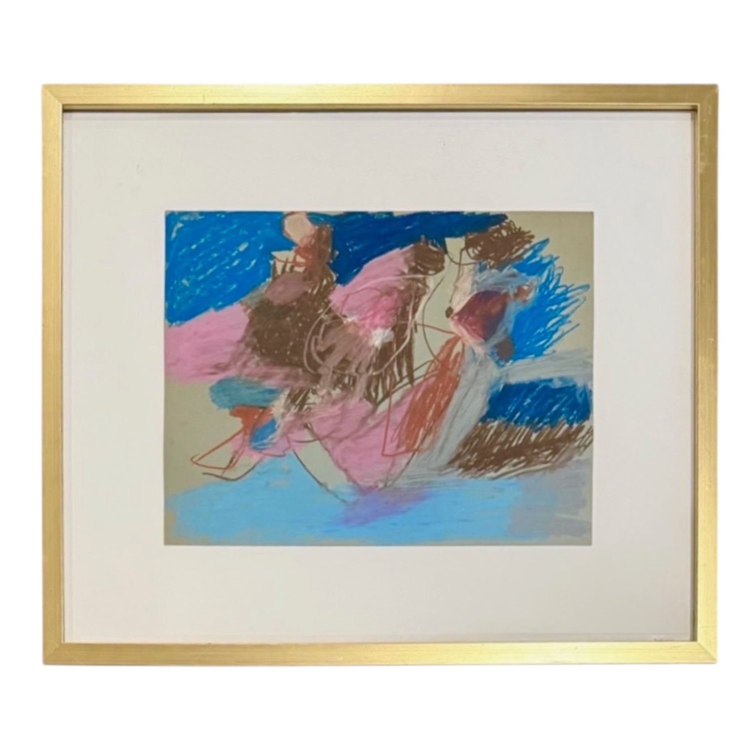 Abstract Expressionist Oil Painting in Blues and Pink in Custom Gold-Toned Frame