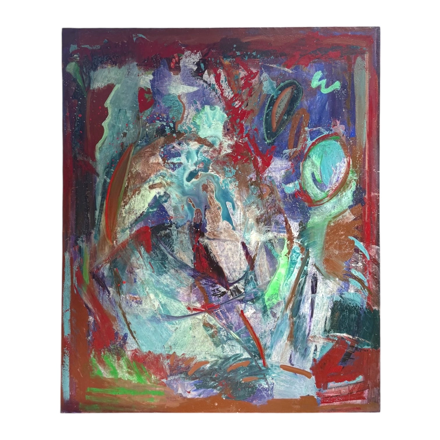 Monumental Abstract Expressionist Painting on Canvas in Greens Blues and Reds