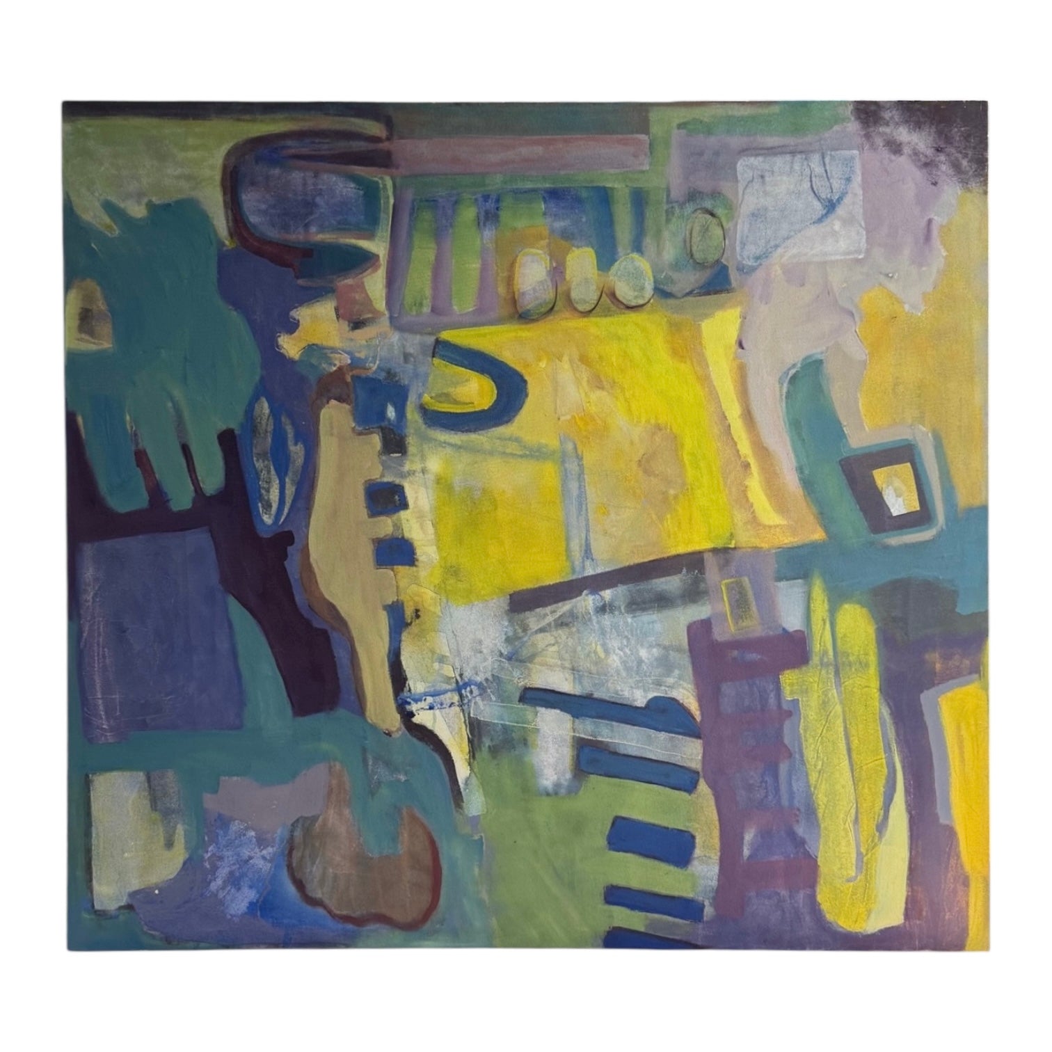Oversized Abstract Expressionist Painting in Blues, Greens, and Acid Yellow