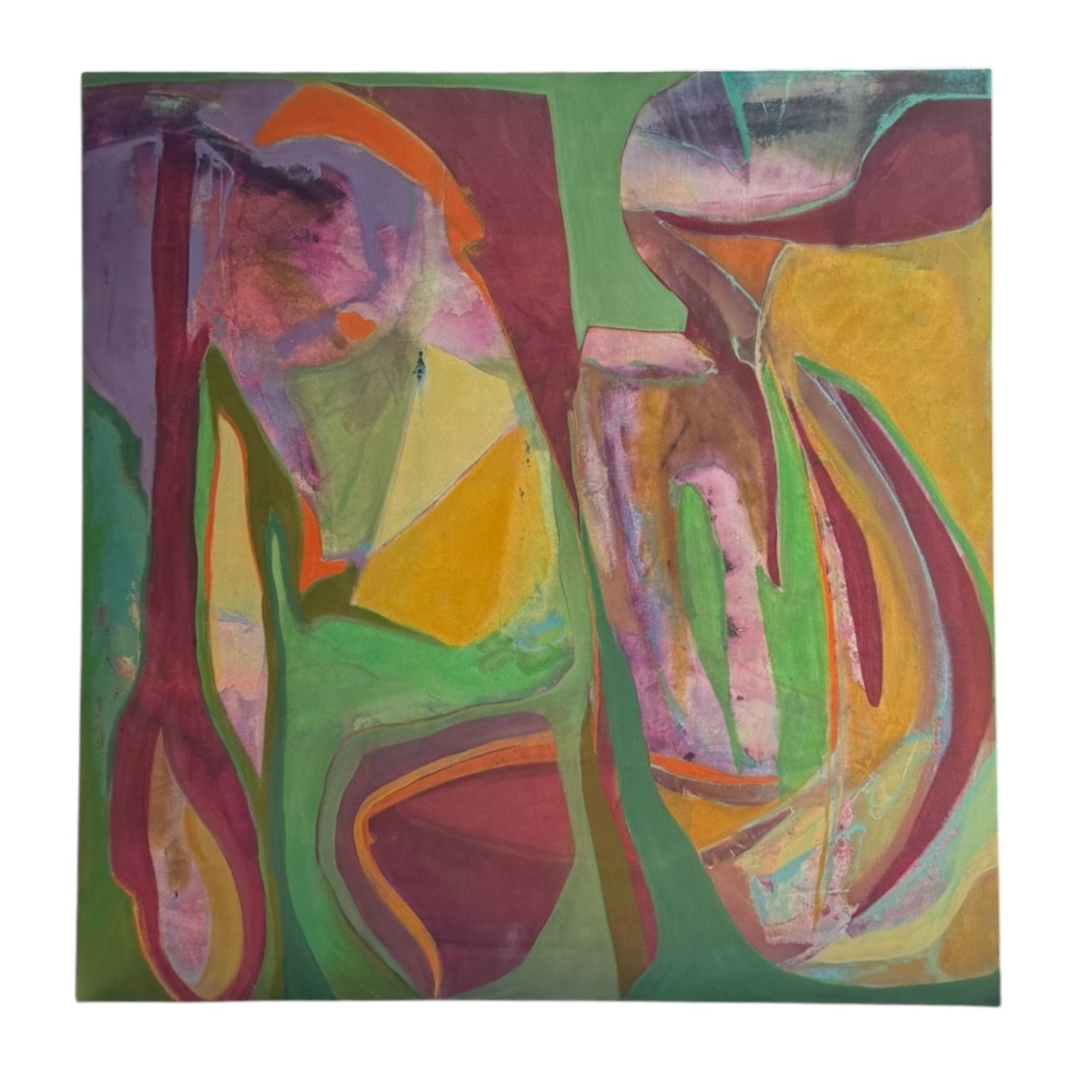 Oversized Abstract Expressionist Painting in Greens, Ochre, and Berries