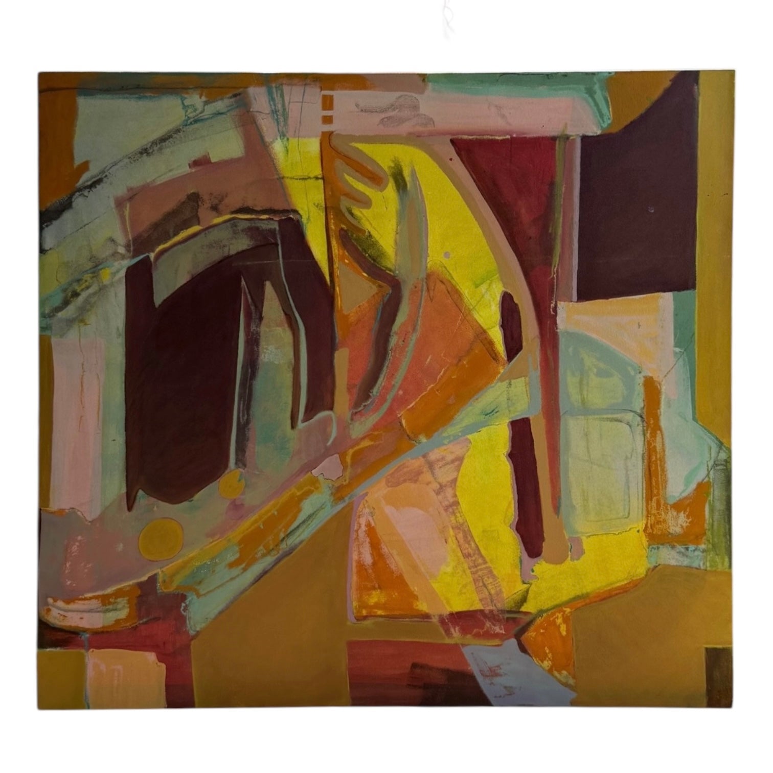 Oversized Abstract Expressionist Painting in Raisin, Ochre, and Acid Yellow
