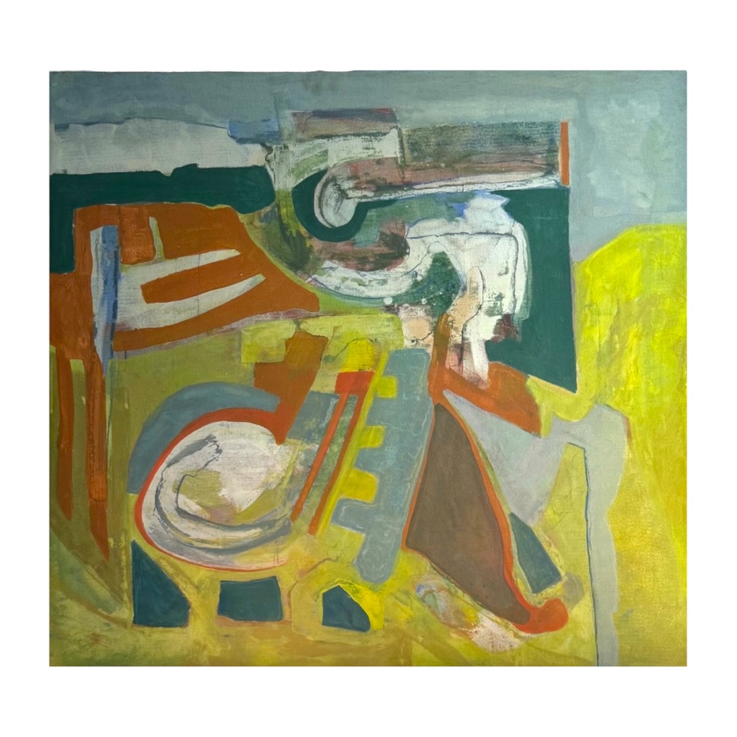 Oversized Abstract Expressionist Painting in Greens and Acid Yellow