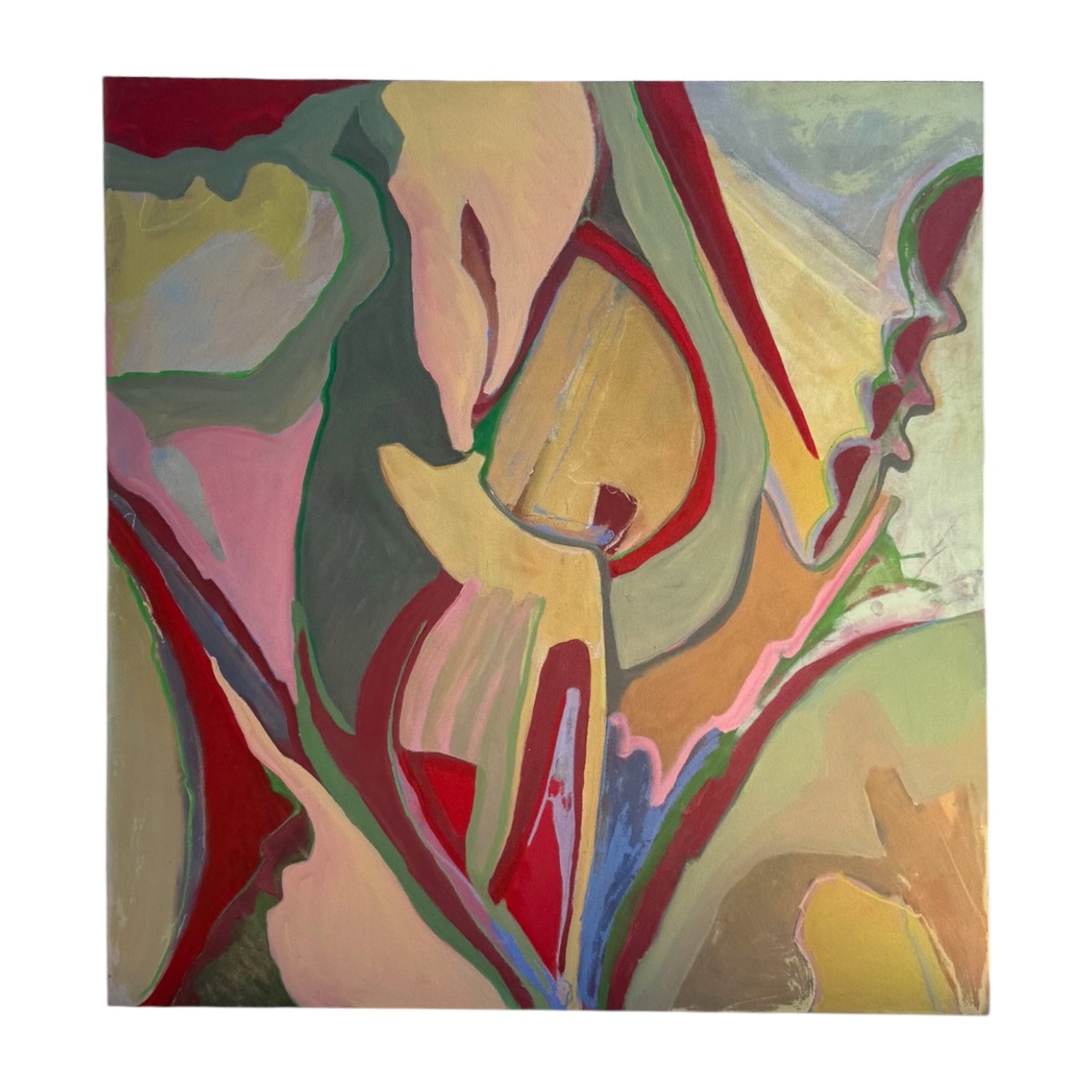 Oversized Abstract Expressionist Painting in Greens, Pinks, and Reds