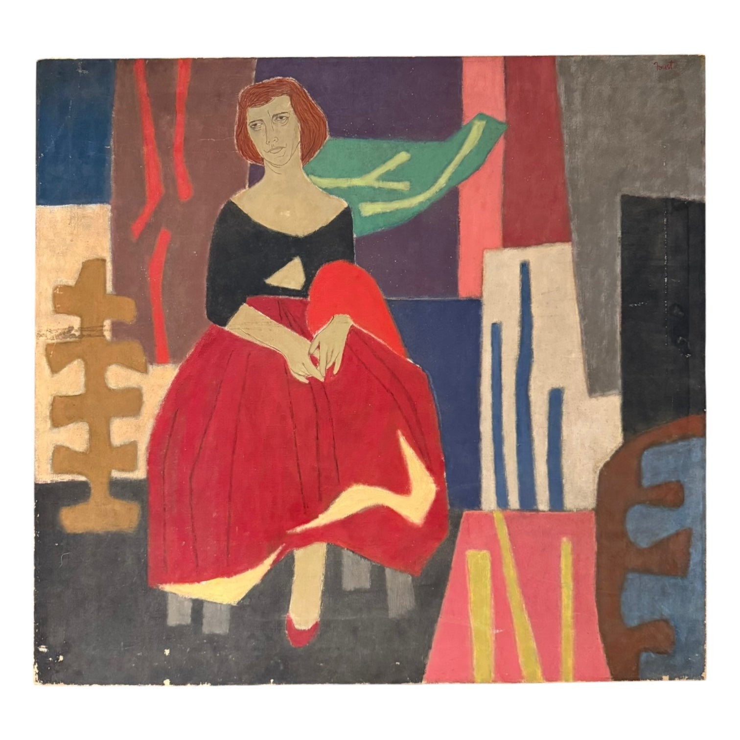 1952 Oil Painting of Figure in Interior