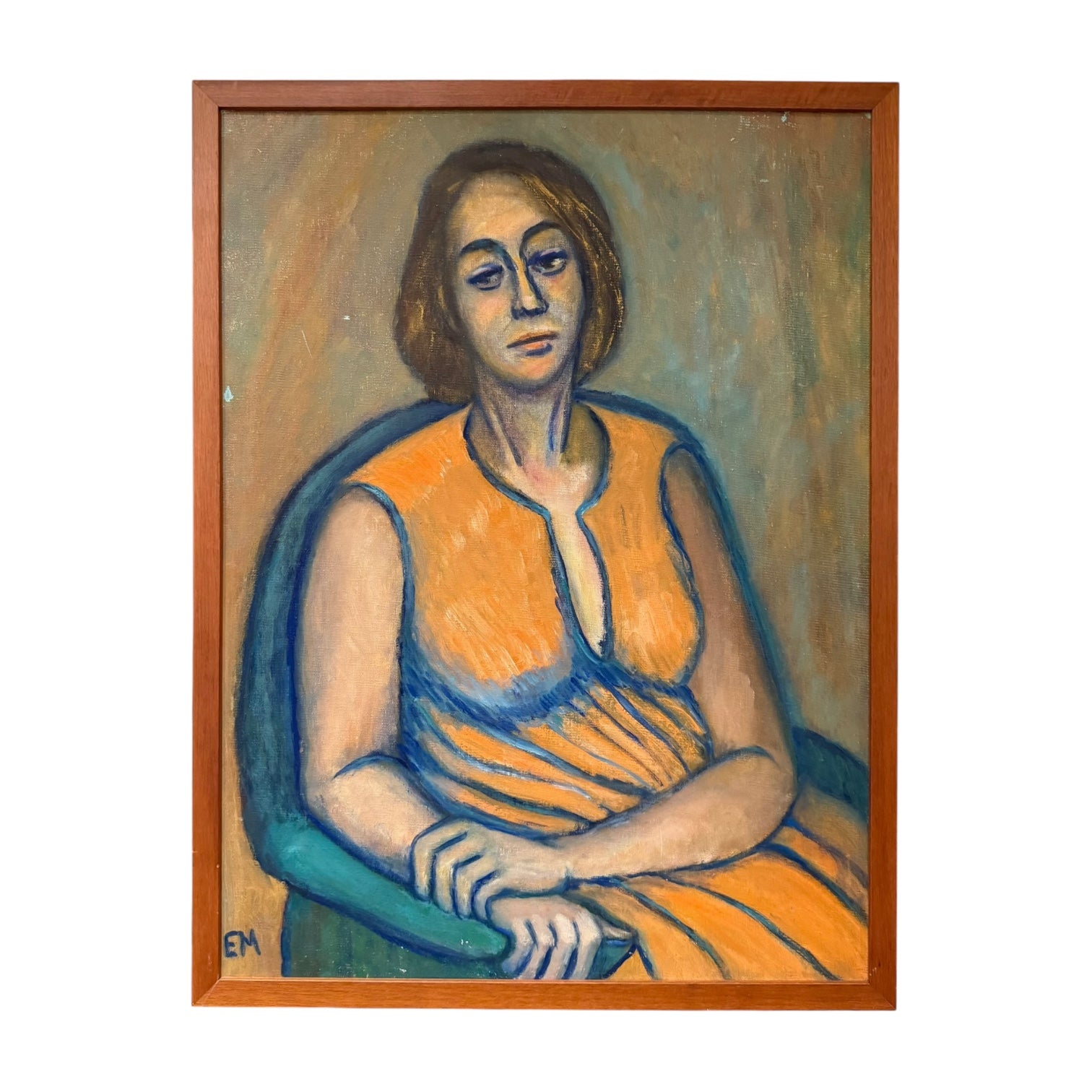 Mid-20th Century Portrait of Woman in Chair in Original Frame