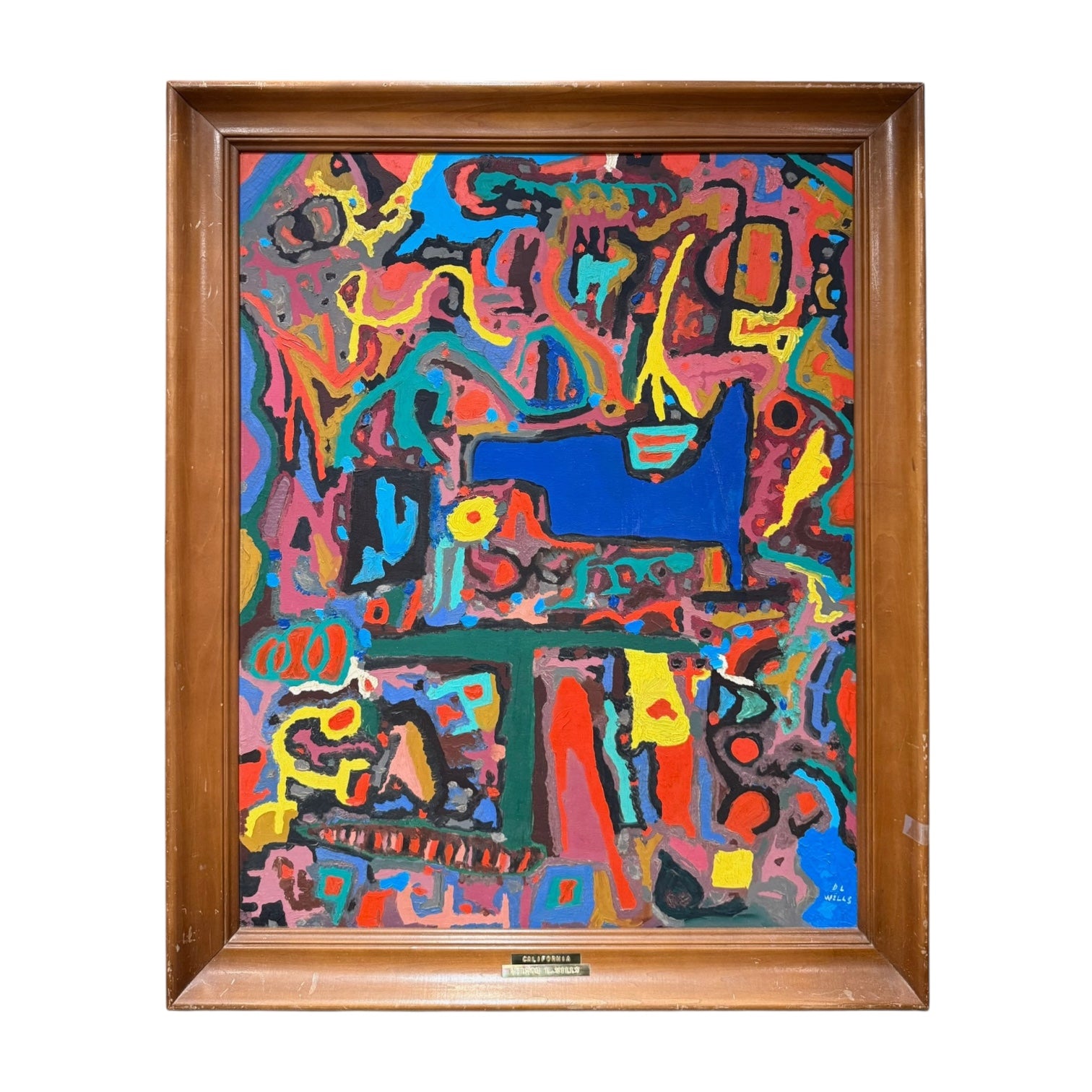Vibrantly Colorful Energetic Abstract Oil Painting in Original Frame
