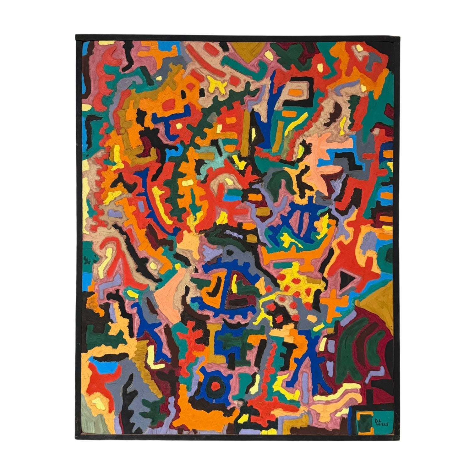 Energetic Vibrantly Colorful Abstract Oil Painting in Original Lathe Frame