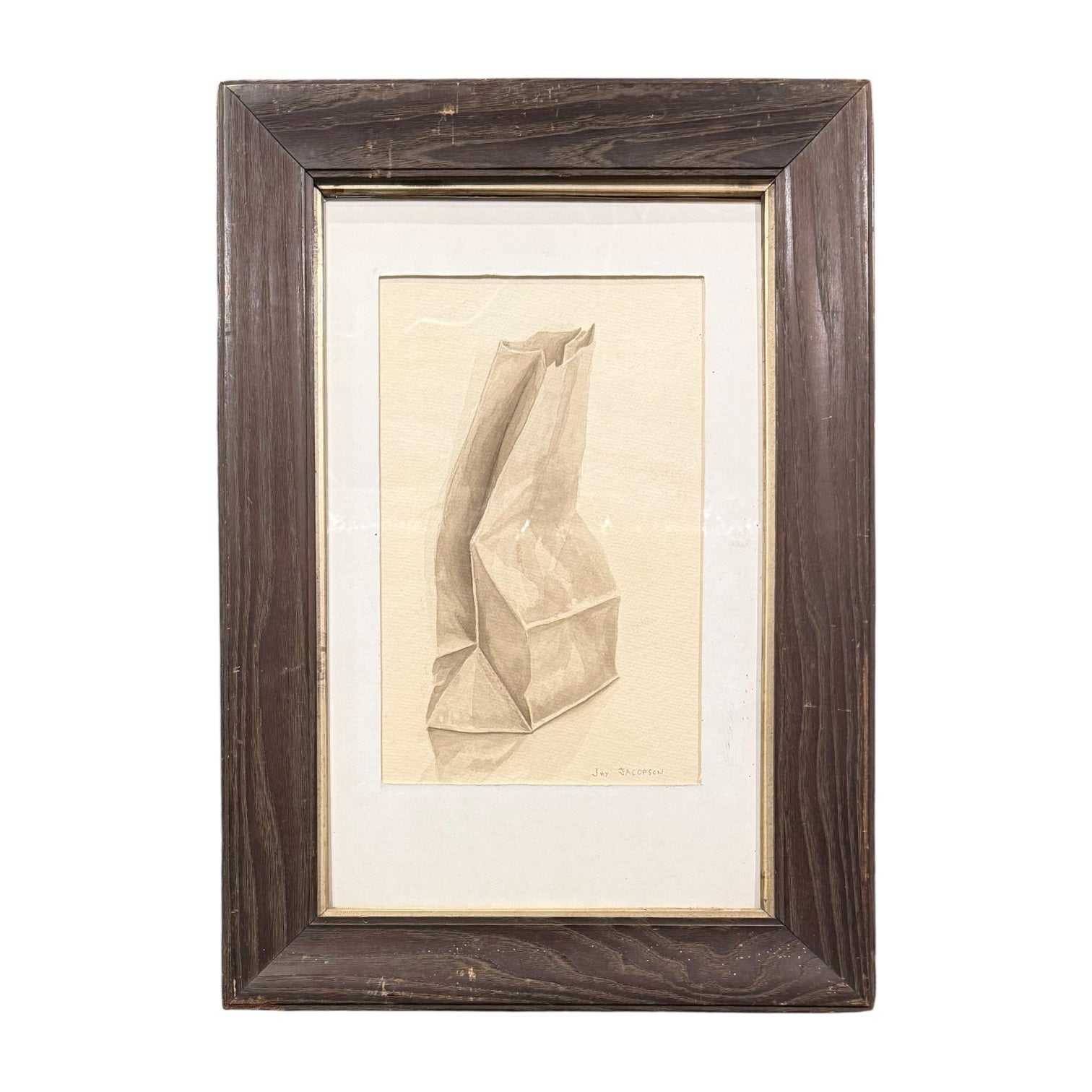 Realistic Mixed Media Painting of Paper Bag in Sepia Tones in Original Frame