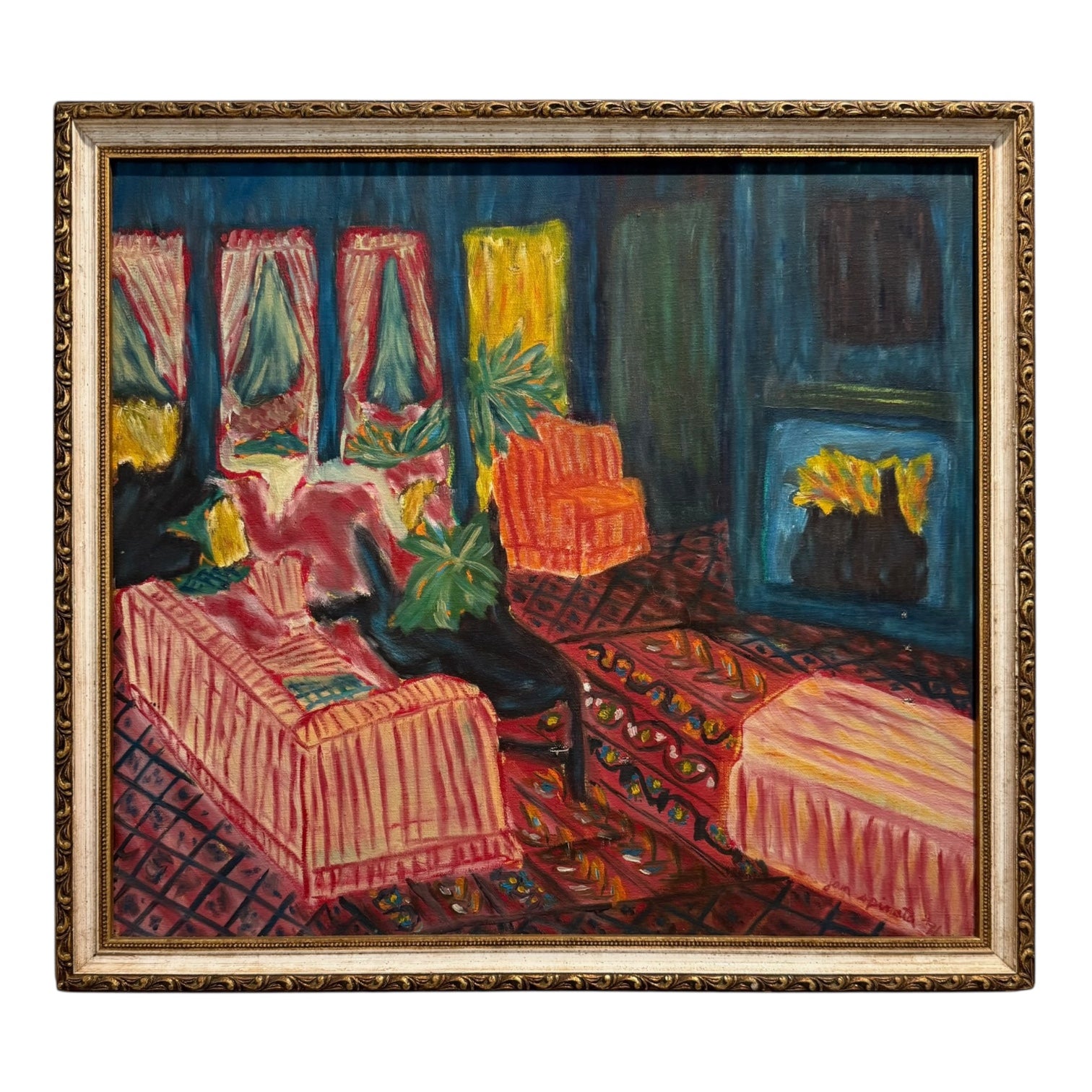 1991 Vintage Oil Painting of Colorful Patterned Interior Scene in Original Frame