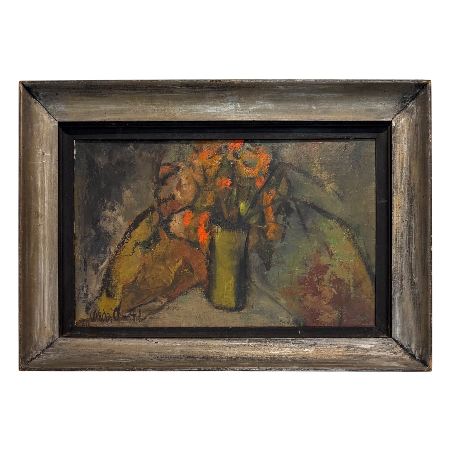 Abstract Still LIfe with Vase of Flowers in Original Vintage Frame