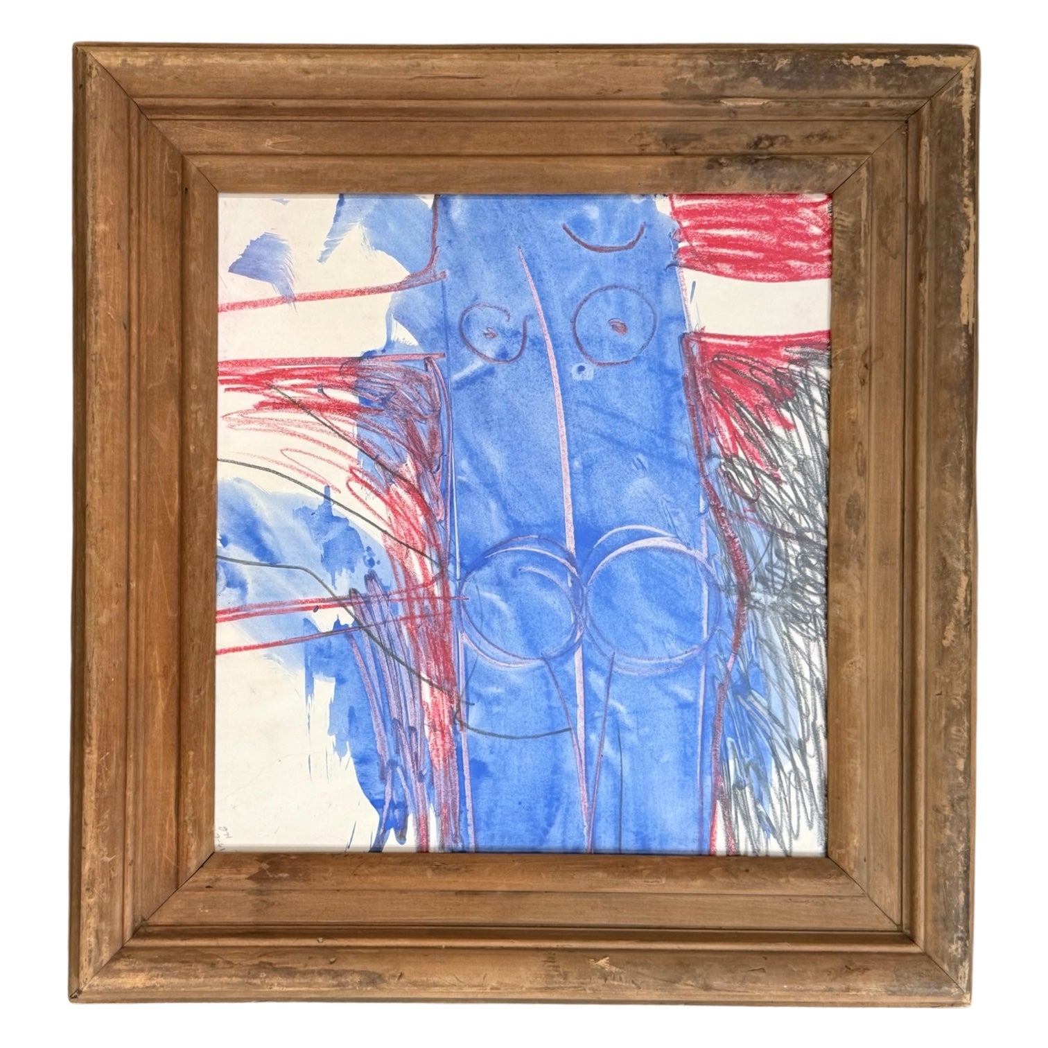 1961 Mixed Media Figurative Painting with Gestural Mark-Making in Vintage Wood Frame