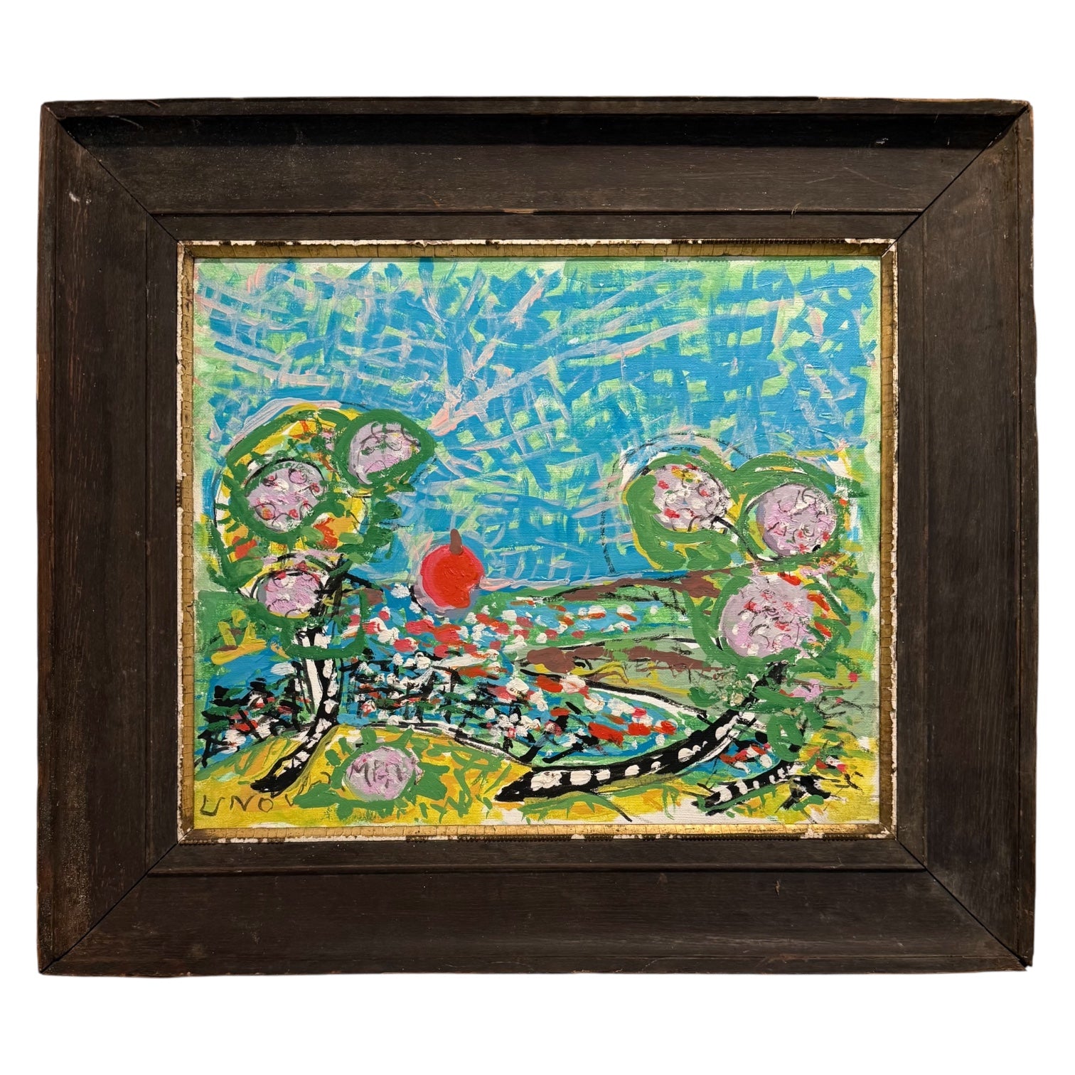 Fantastical Landscape Oil Painting in Vibrant Colors in Vintage Wood Frame