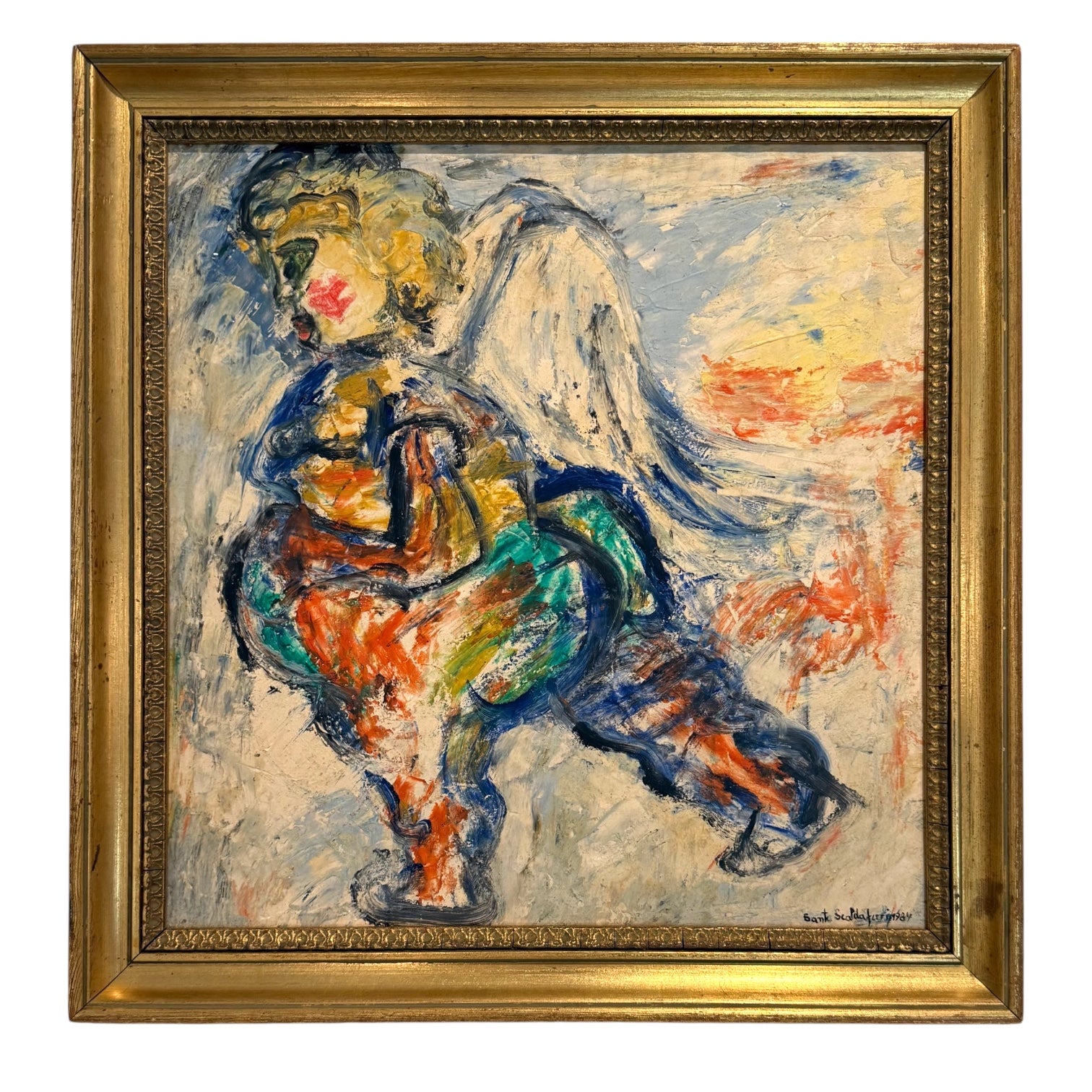 1984 Vibrantly Colorful Oil Painting of Cherub in 19th Century Gilt Frame